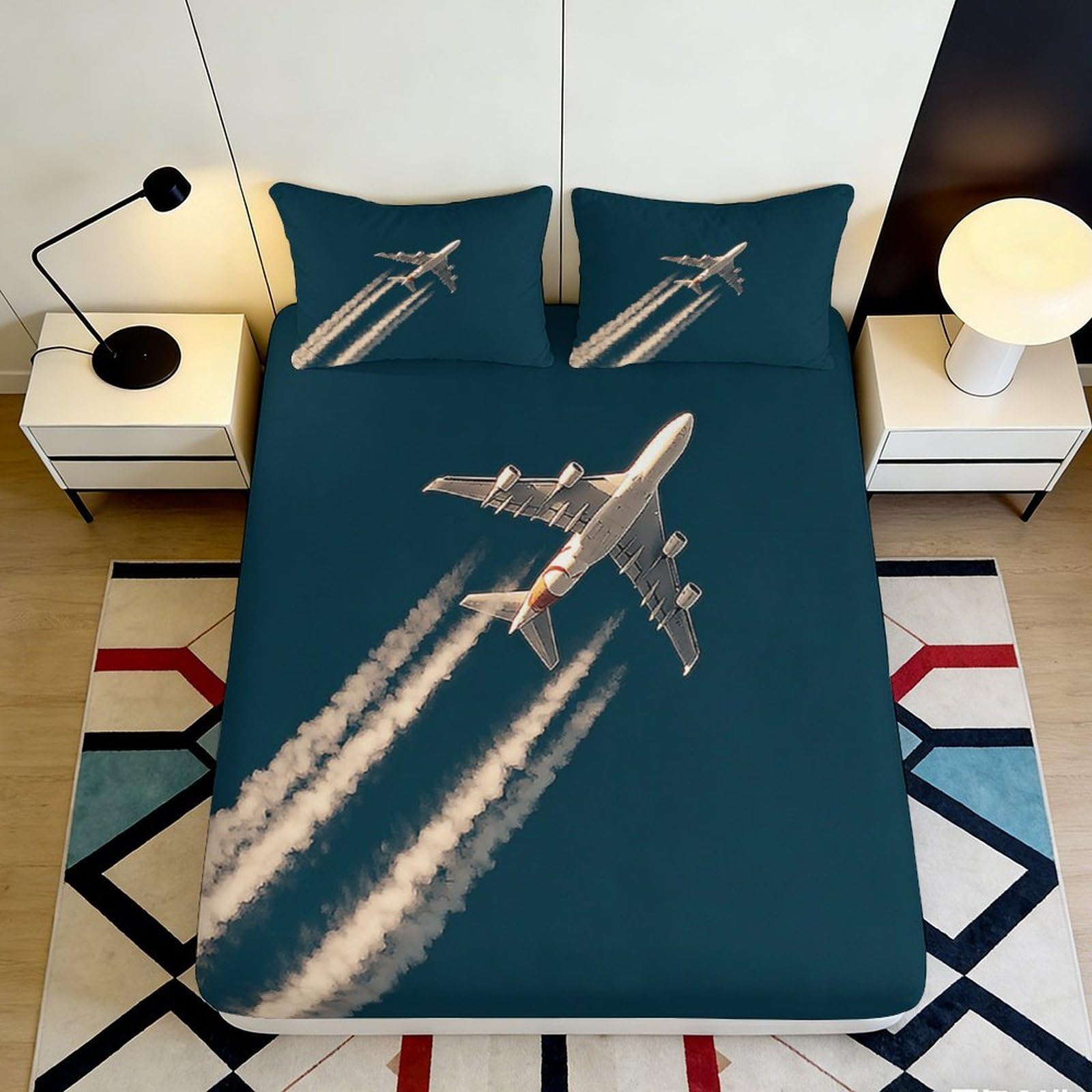 Decorative 3D Printed Fitted Sheet Airplane Pattern, Microfiber Soft Touch, Bed Sheet for Bedroom, Guest Room Bedding, Wrinkle Resistant, Easy Care, 116 90x200x25cm