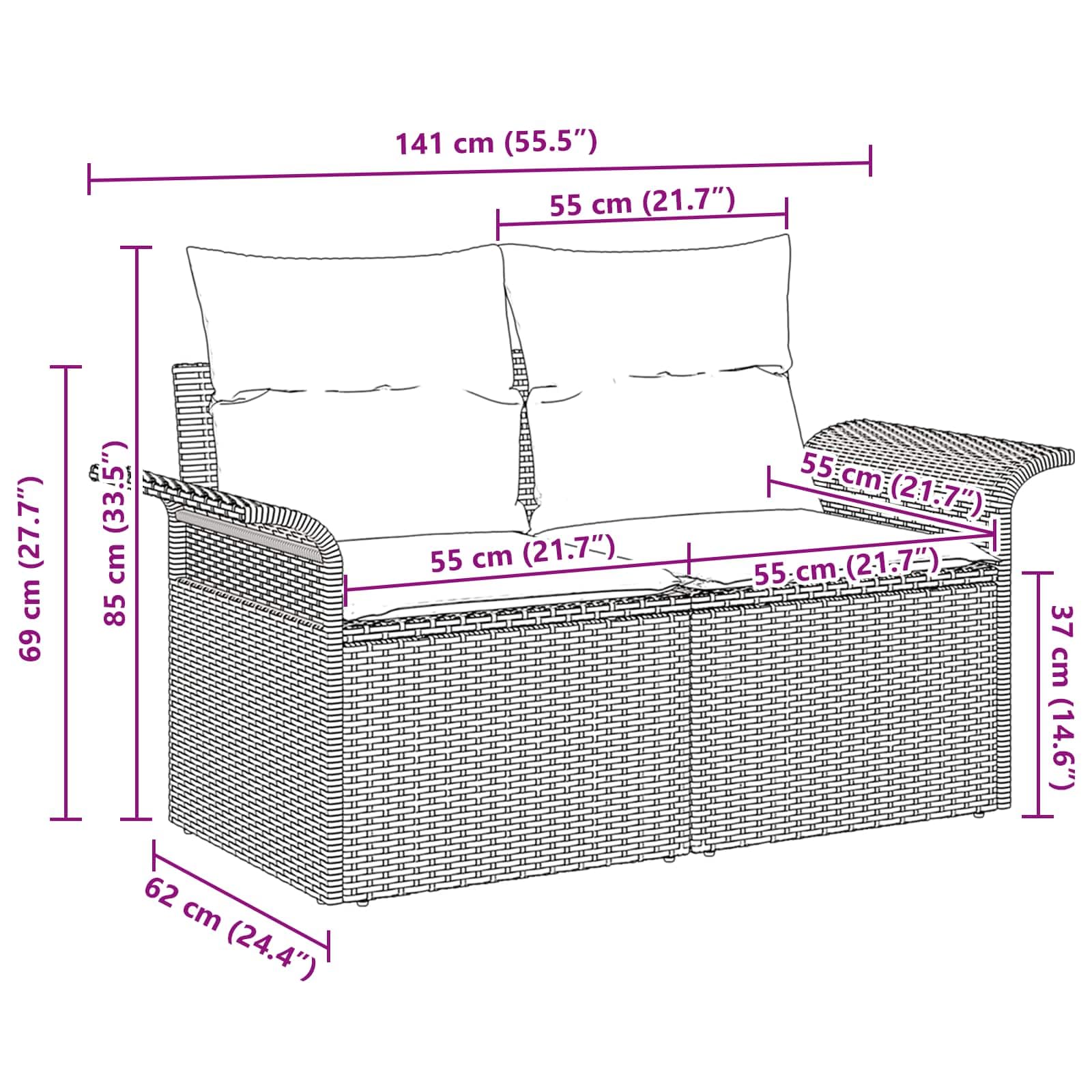 Sofa ogrodowa z polirattanu z poduszką 141 x 62 x 69 cm, odporna na warunki atmosferyczne, modułowy narożnik na taras, balkon, do ogrodu, lekka sofa tarasowa z malowaną proszkowo stalową ramą