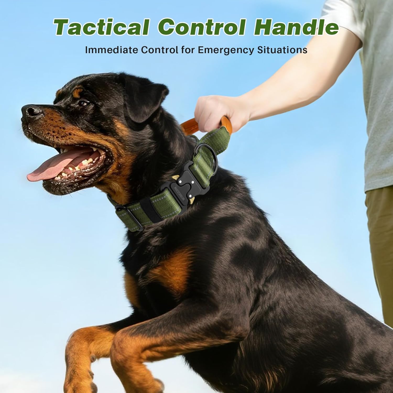 WINGOIN Tactical Dog Collar with AirTag Holder, Reflective Dog Collar for Large Dogs, Metal Buckle, Heavy Duty, Nylon Control Handle for Hunting, Training, Walking, Green,M