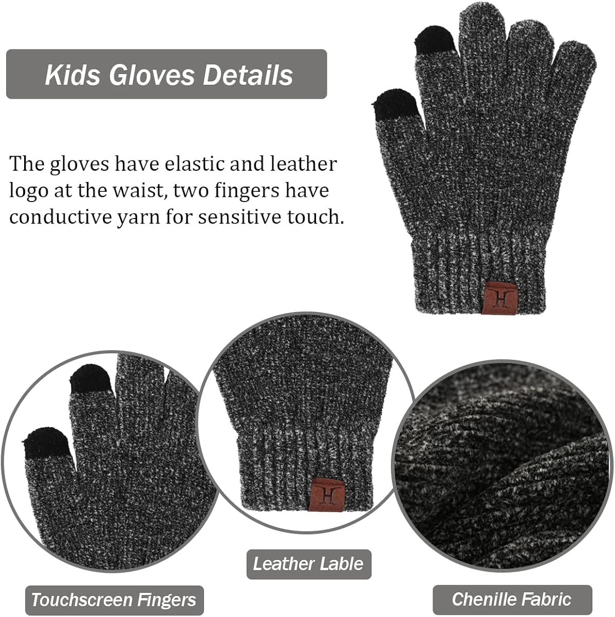3Pcs Kids Hat Scarf Gloves Set Boys Girls Chenille Age 3-8 with Warm Fleece Lined Beanie Cap Touchscreen Gloves Loop Scarf