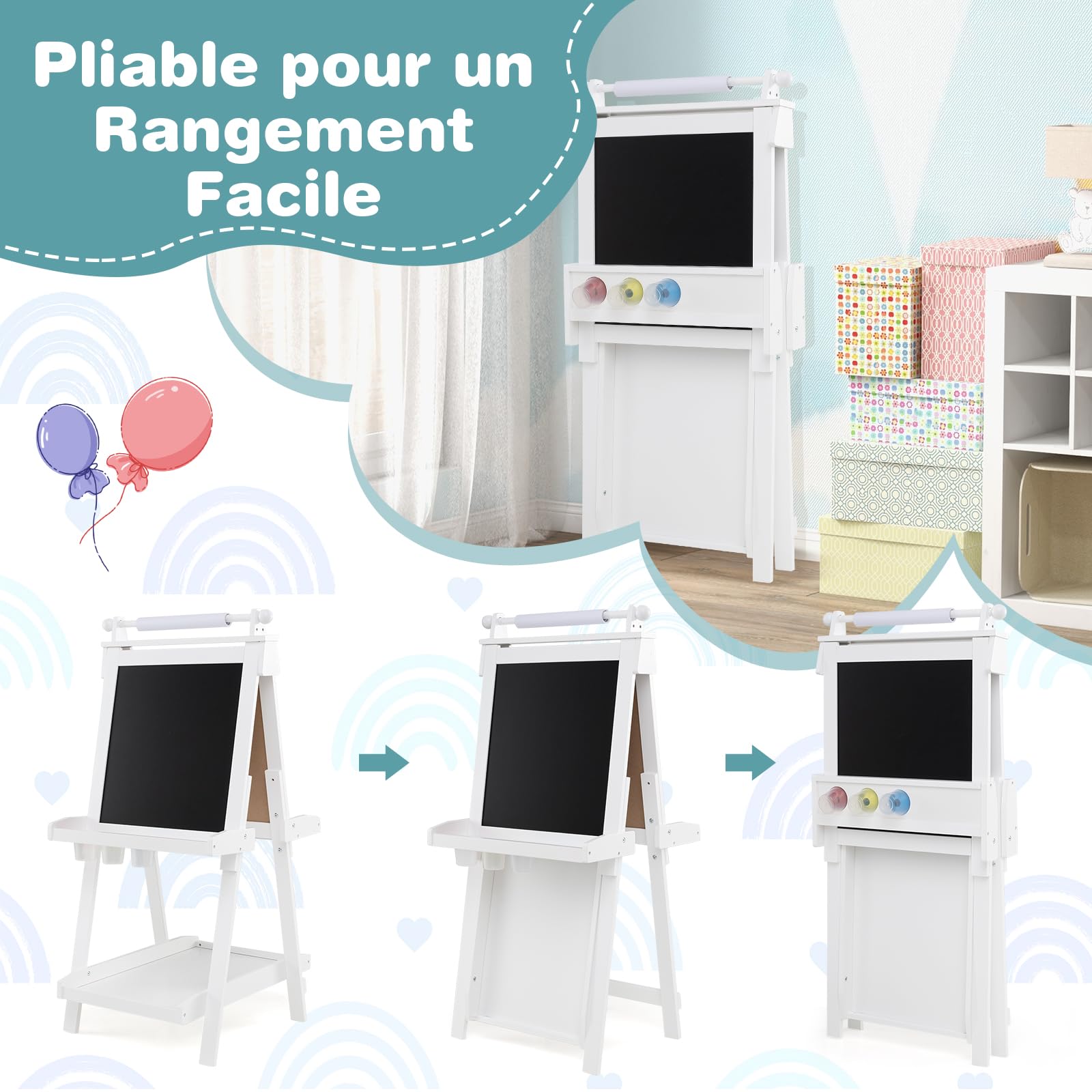 GOPLUS 3 en 1 Tableau Enfant Double Face, Chevalet d'art Enfant Hauteur Réglable, avec Tableau Blanc/Noir Magnétique, Rouleau de Papier, 3 Gobelets à Peinture, 3 Plateaux (Blanc)