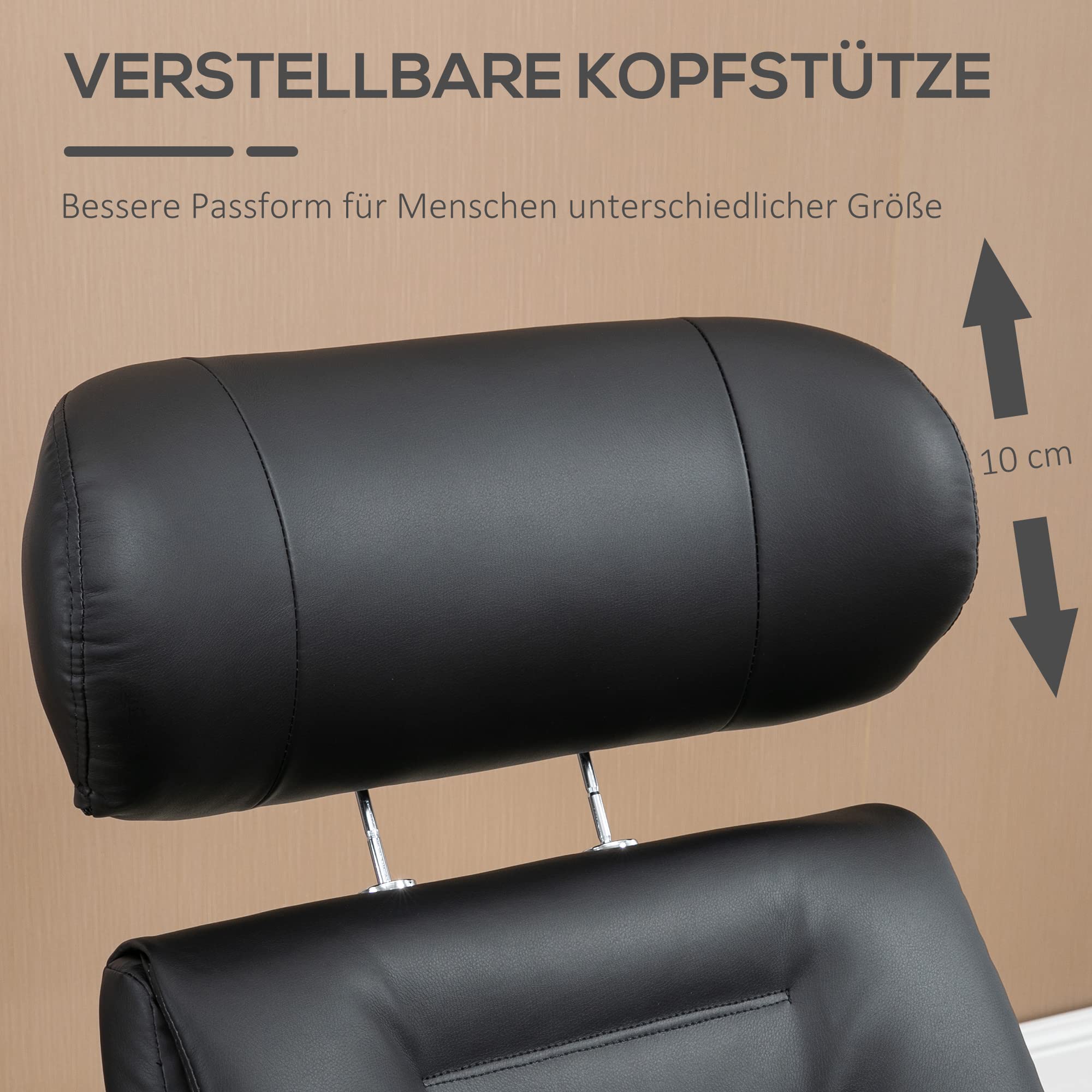 HOMCOM Relaxsessel mit Hocker, Fernsehsessel mit Liegefunktion, verstellbare Kopfstütze, Drehbar, bis 150 kg, Kunstleder, Schwarz