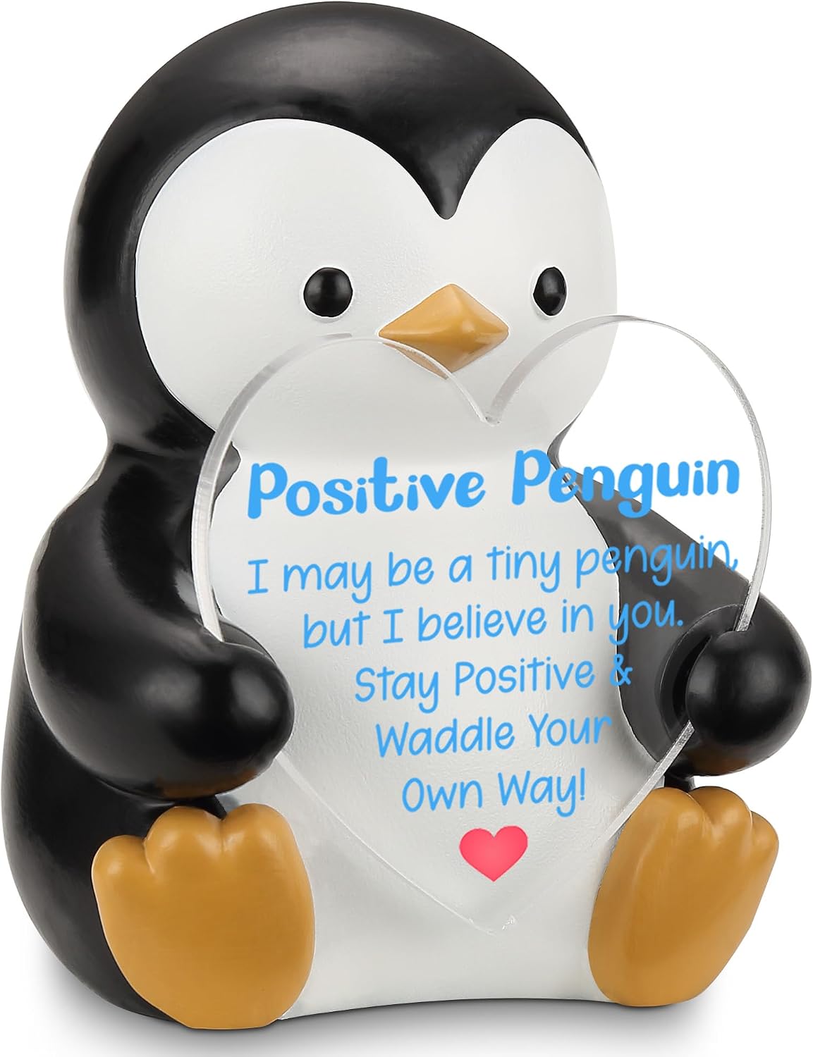 Positive Penguin Figurine, Inspirational Resin Penguin Holding Heart Acrylic Sign, Encouragement Gift for Coworker Friend Student, Motivational Desk Decor for Women Men, Confidence Keepsake - FDB545