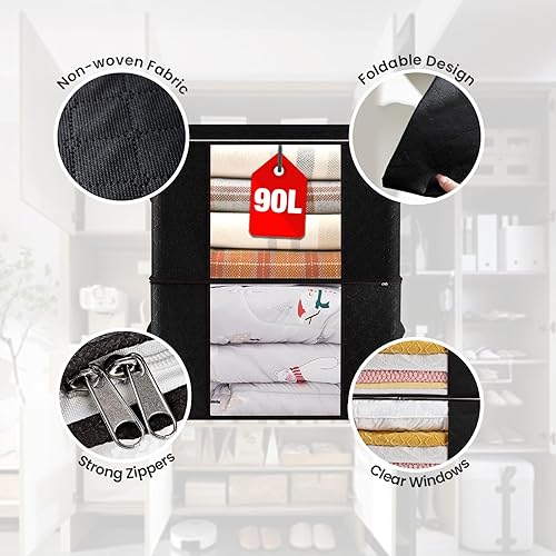 Miniatura 3 de JOYMEEZO Paquete de 2 bolsas de almacenamiento grandes de 90 L, contenedores de almacenamiento de ropa, organizadores plegables de armario, bolsas