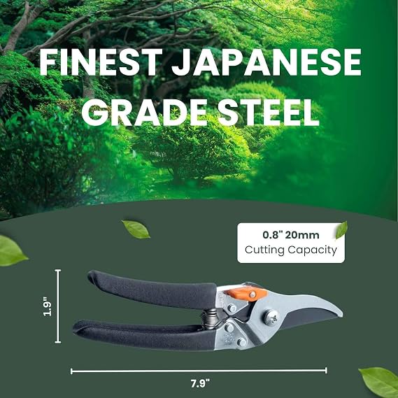 Saboten Japanese Pruning Shears 7.9 Professional Bypass Garden Clippers, Made in Japan, Sharp Carbon Steel Blade with Sap-Resistant Fluorine Coating, Comfort Grip, Cuts up to 3/4 in (20 mm)