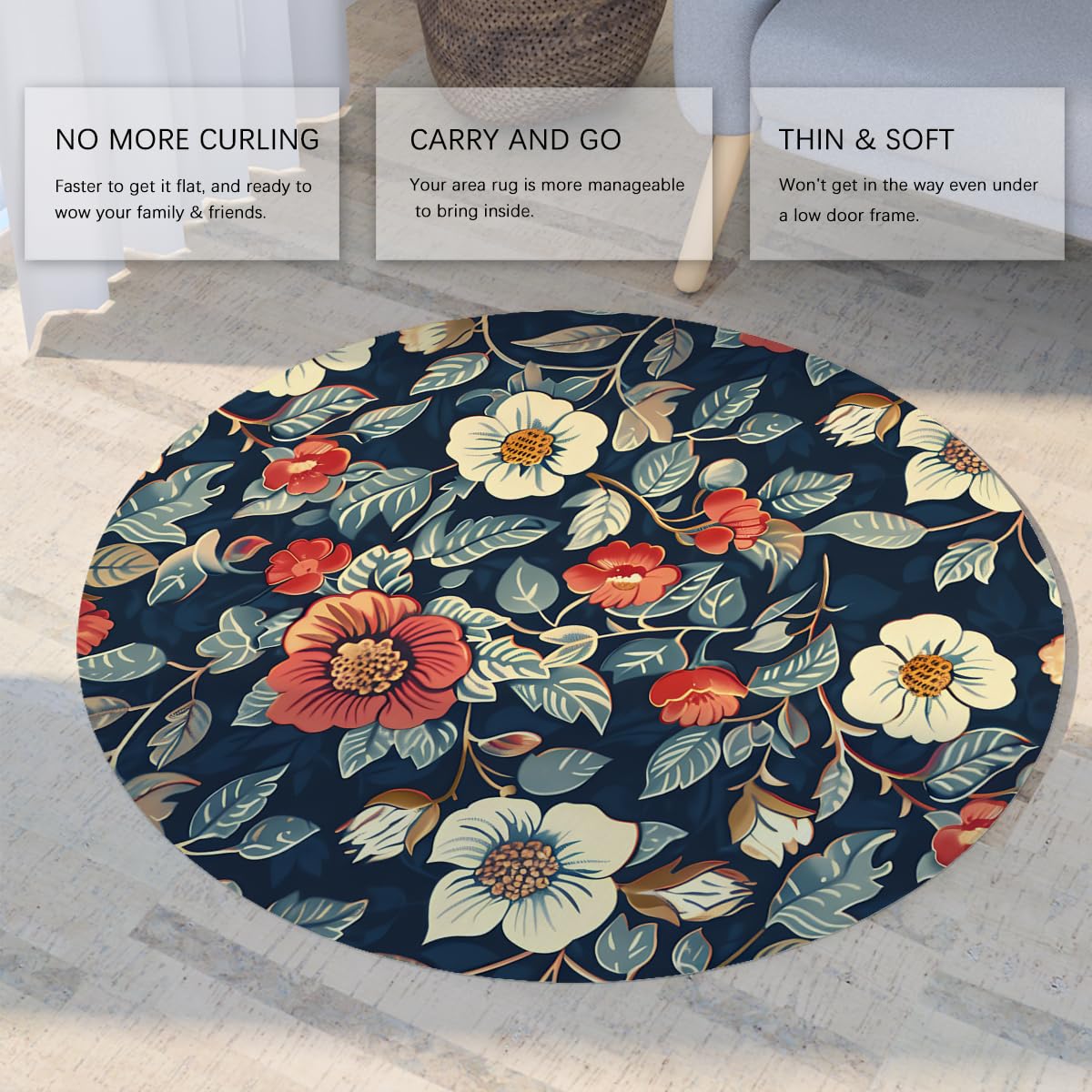 120cm Runder Teppich für Wohnzimmer Vintage-Blumenteppich für Schlafzimmer rutschfest waschbar Kreisbodenmatte elegant botanisch für Esszimmer Wohnkultur