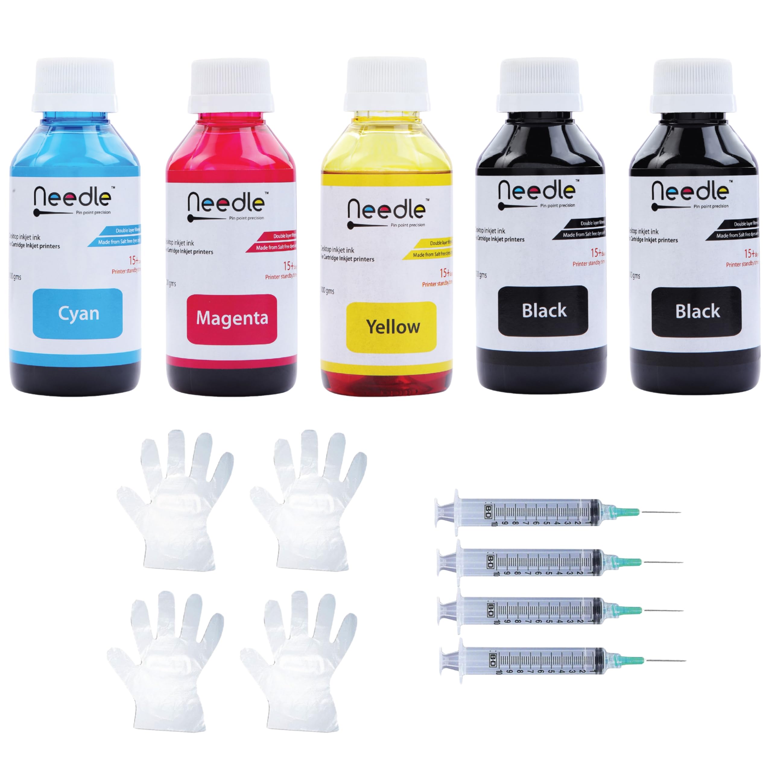 Needle Cartridge Refill Ink | Made in India | 5x100gms (CMYKK Combo) | Compatible with Inkjet Printers | Easy Ink Refilling Solution