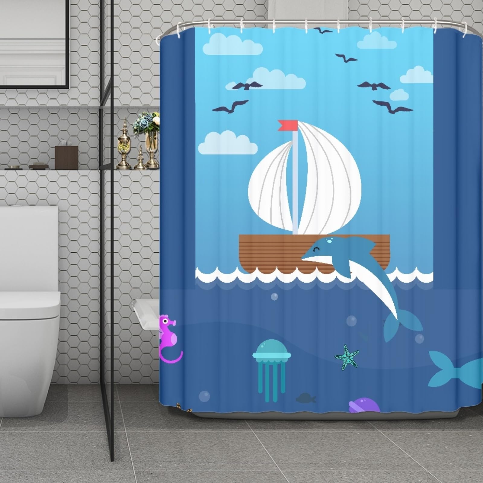 Rideau de douche tissu polyester haut de gamme motif bateau décoration élégante de salle de bain