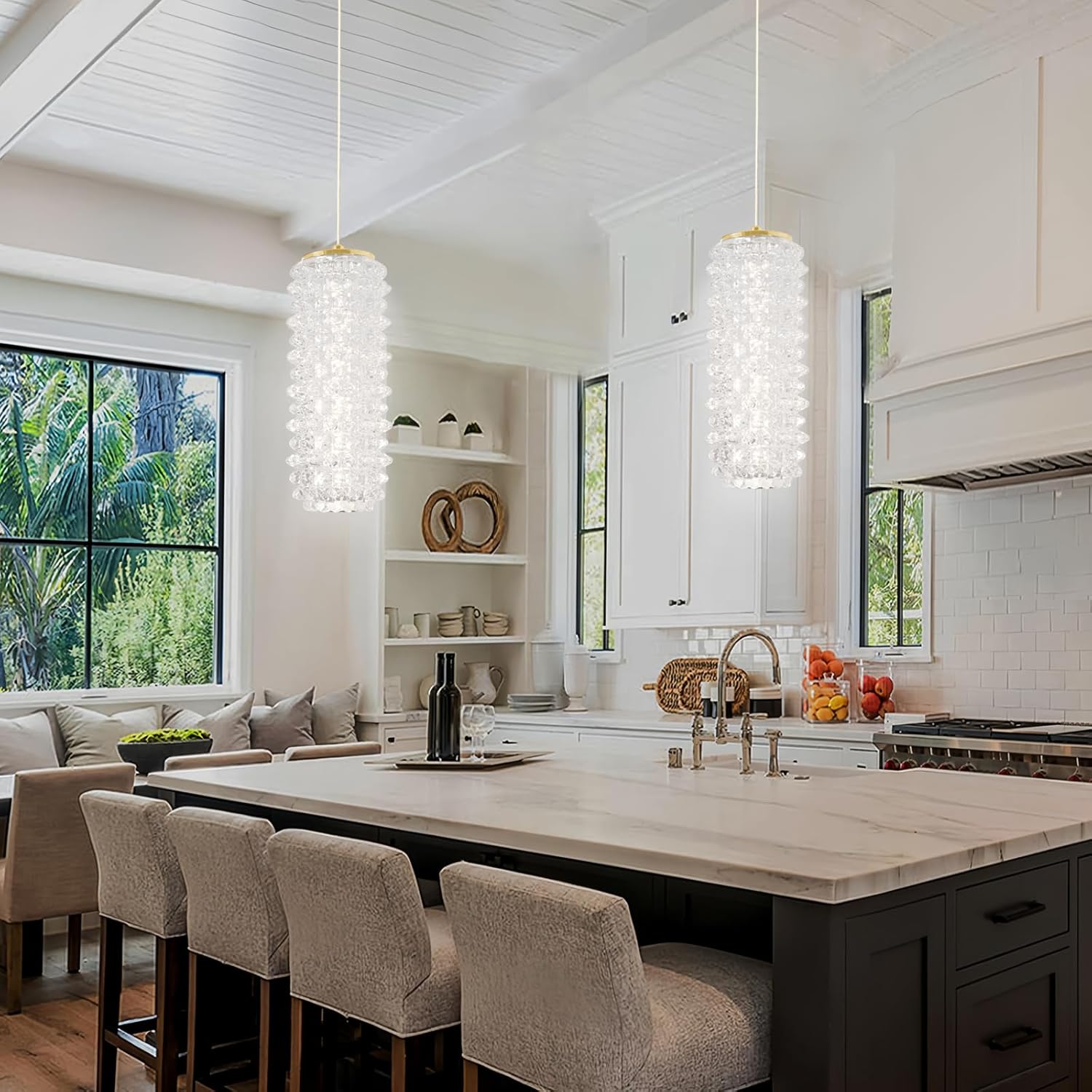 Crystal Pendant Light for Kitchen Island, Glass Chandelier Lights Fixture, Modern 6000K LED Cold White Pendant Hanging Lighting, ETL Listed, Adjustable Height for Dining Room Bedroom, Gold
