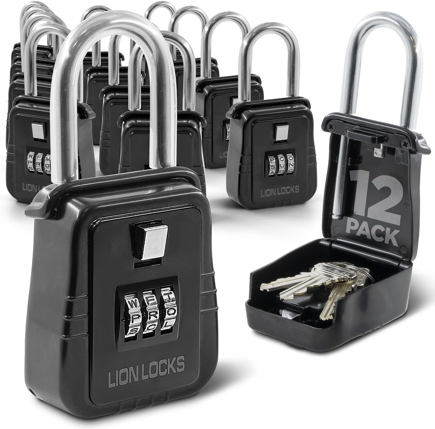Lion Locks 12-Pack Alpha Key Lock Box with Code - Outdoor Realtor Lock Box, Property Management, Short Term Rental Key Safe, Holds 5 Keys, Black