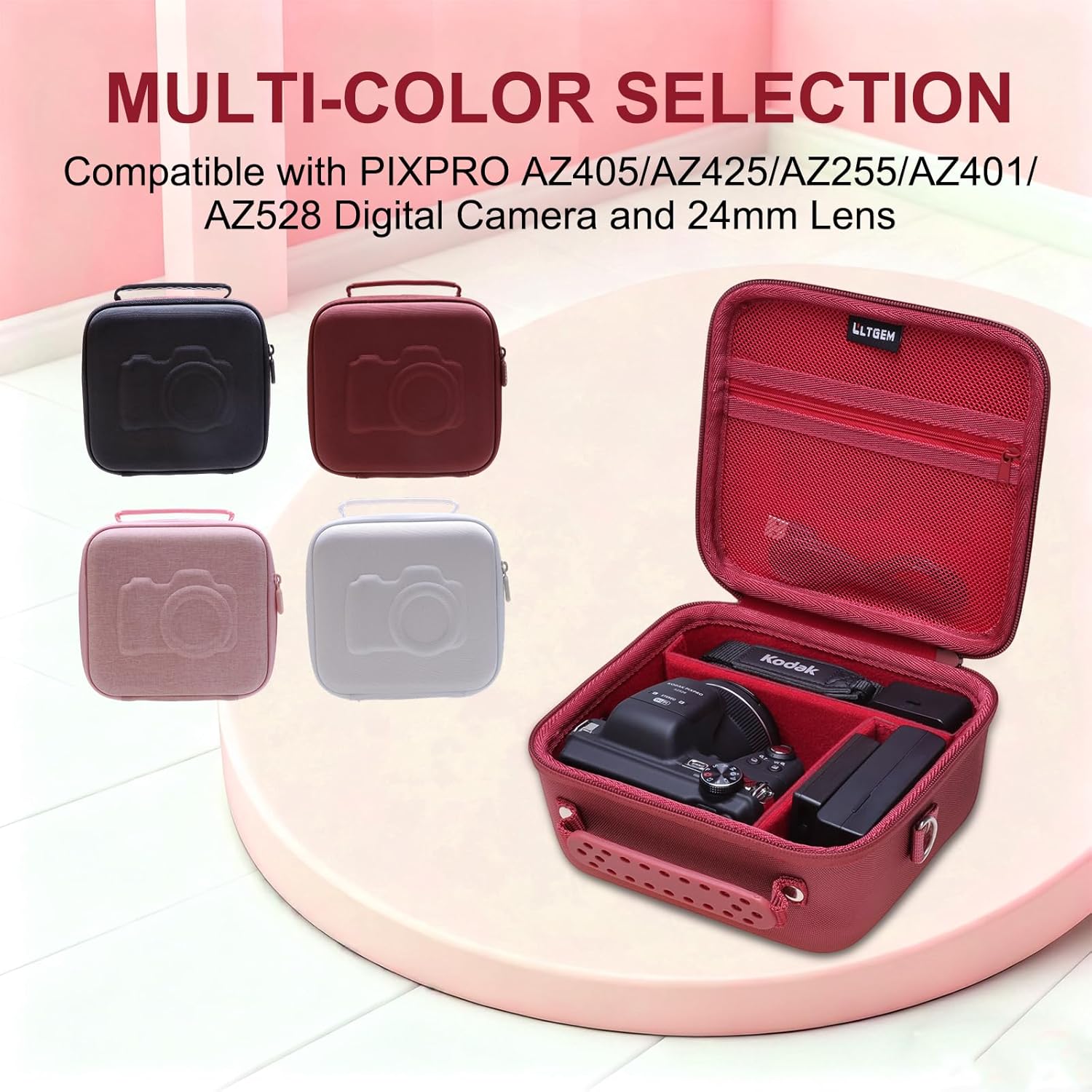 L LTGEM Camera Case Compatible with KODAK PIXPRO AZ405 / AZ528 / AZ425 / AZ255 Digital Camera and Accessories, with 2 Dividers and Shoulder Strap, Pink - Image 3