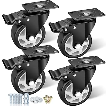 4" Caster Wheels - Heavy Duty Casters Set of 4 Dual Locking Swivel | No-Mark Smooth Black Polyurethane Wheels, Industrial Casters with Brake, Plate Castor Wheels for Carts, Furniture Workbench