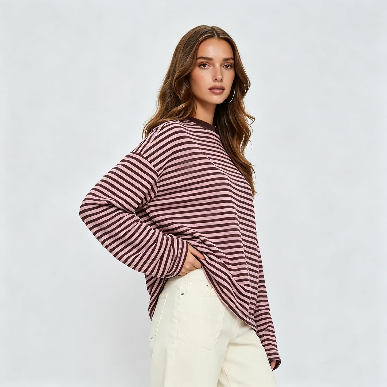 Women Striped Long Sleeve Oversized Top Graphic Y2k Loose Crewneck T Shirts