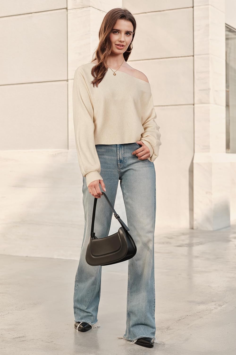 Newshows Women's 2025 Fall Wool Blend Cropped Sweaters Boat Neck Off Shoulder Cute Casual Tops - Image 5