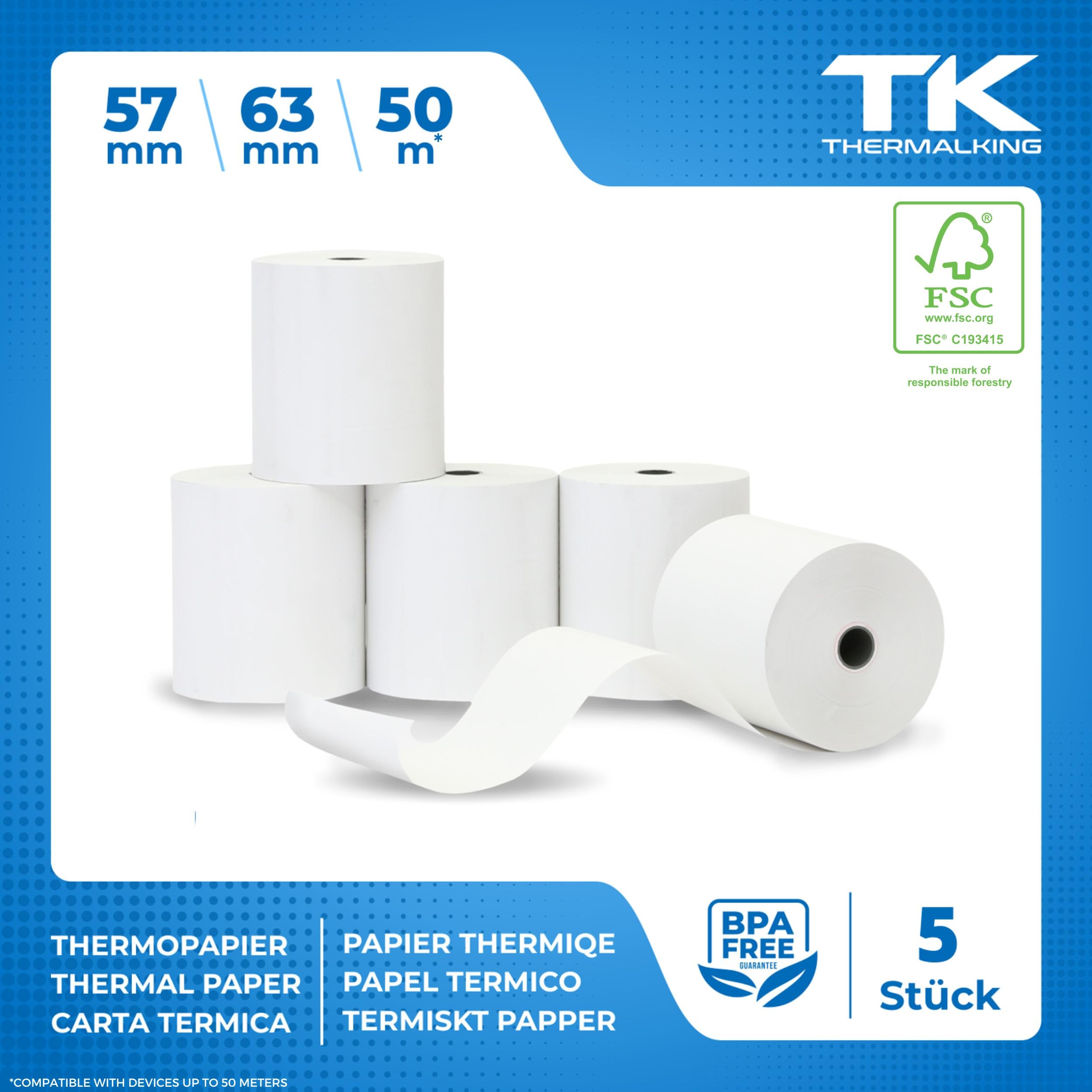 5 szt. rolek termicznych premium 57 mm x 52 mm x 12 mm – długość 50 m – papier termiczny – certyfikowany do drukarek kasowych takich jak Epson, IBM, Metapace i wielu innych.