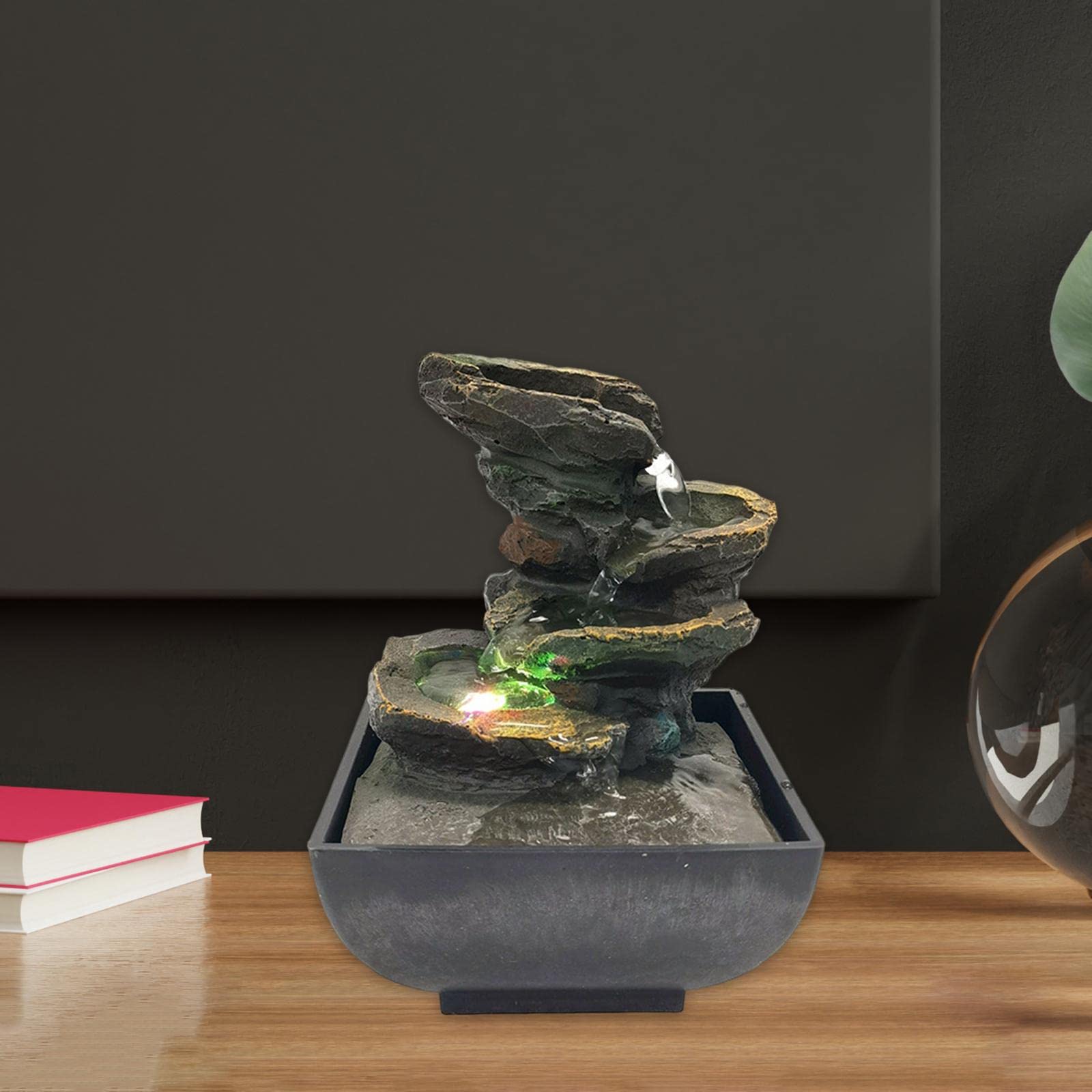 Fuente de Mesa Decorativa Fuente Cascada Interior con Bomba Estilo Roca Ornamental de Resina con Luz Led Adecuada para Decoración del Hogar