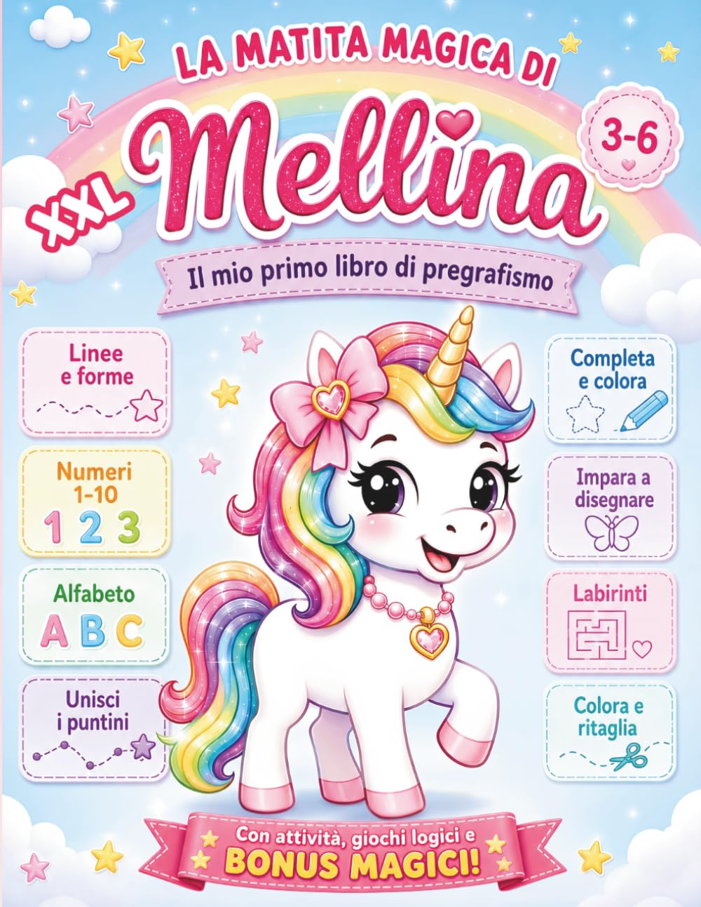 La Matita Magica di Mellina: Libro di pregrafismo per bambine 3-6 anni: quaderno prescolare con attività per tracciare linee, forme, numeri, lettere, ... disegni da colorare e colora e ritaglia