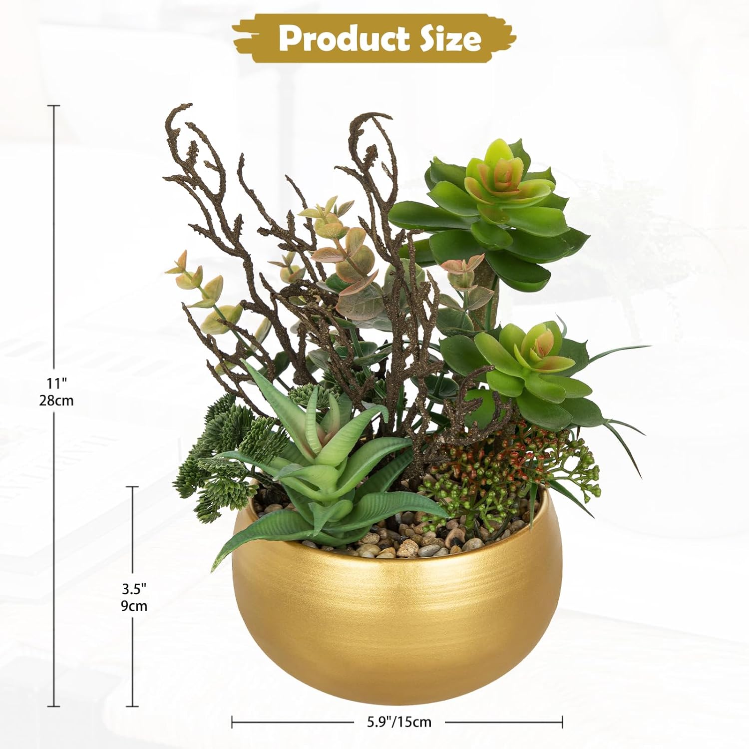 DILATATA Artificial Succulent Plants in Gold Pot Faux Succulent Arrangement Fake Potted Plants with Pebbles for Home Office Desk Shelf Table Decor