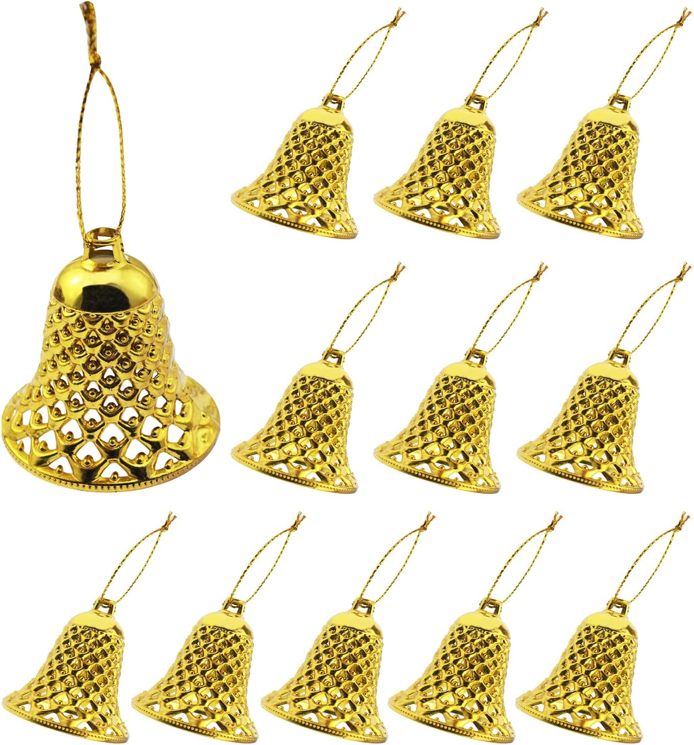 yyangz 12PCS Plastic Bell Pendant Gold Color Christmas Tree Hanging Decoration Christmas Bells Christmas Bells with Rope Plastic Bell Pendant