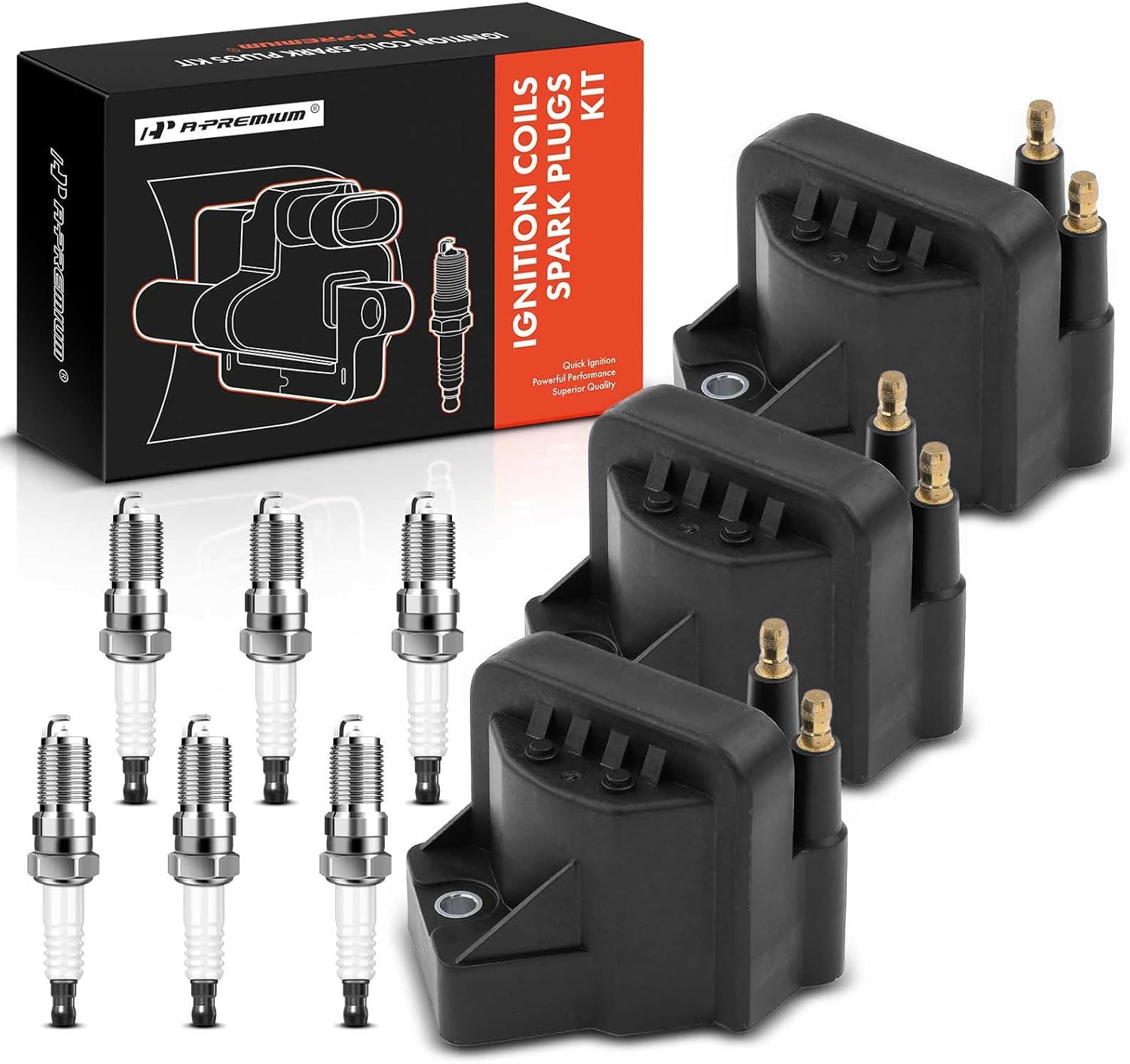 A-Premium 3x (Black) Ignition Coil Pack and 6x Iridium Spark Plugs Compatible with Chevrolet Malibu Impala Venture Buick LaCrosse Cadillac Pontiac Oldsmobile