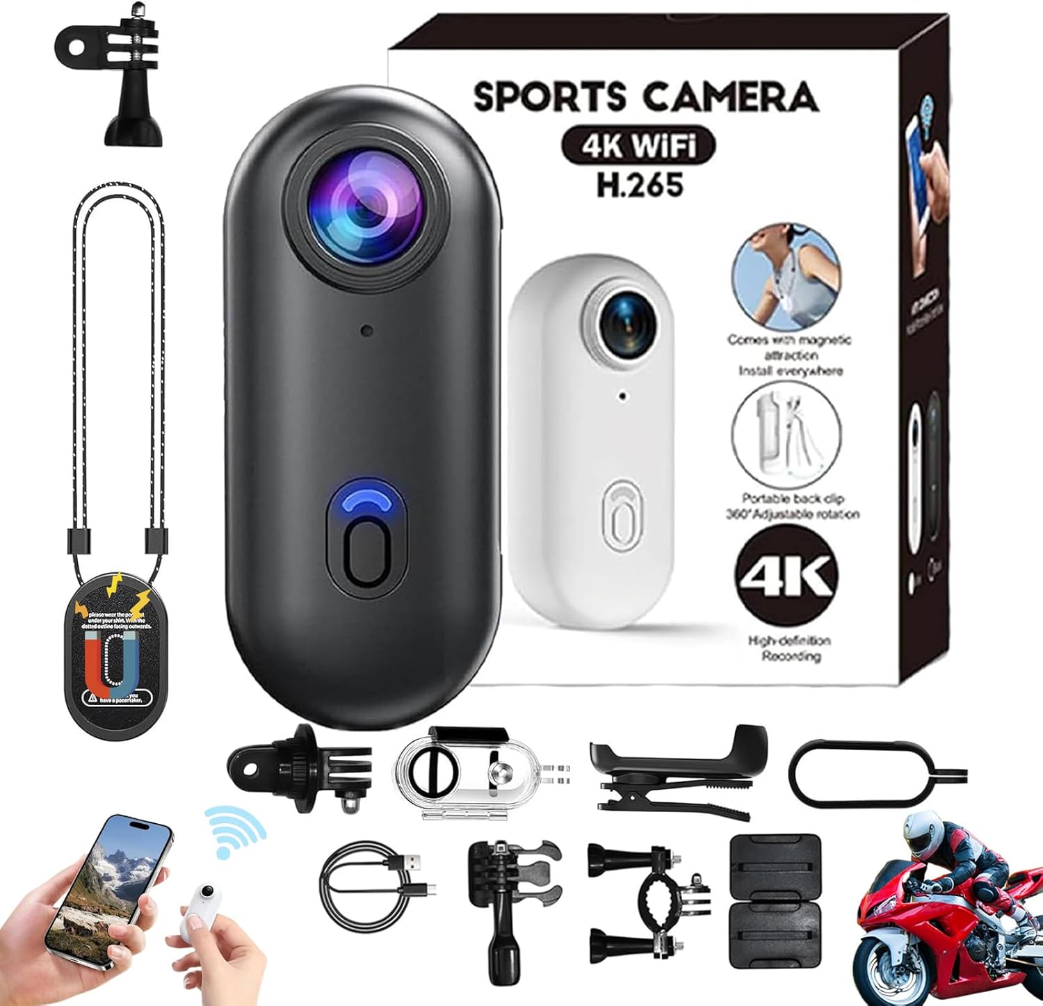 Mini 120° 4k Camera for Recording, HD 1080p/4k Mini POV Pro Body Camera, Wearable Adventure Action Body Cam with Audio Video, Thumb Sports Cameras, for Vlogging Cycling Diving (Black, 4K)