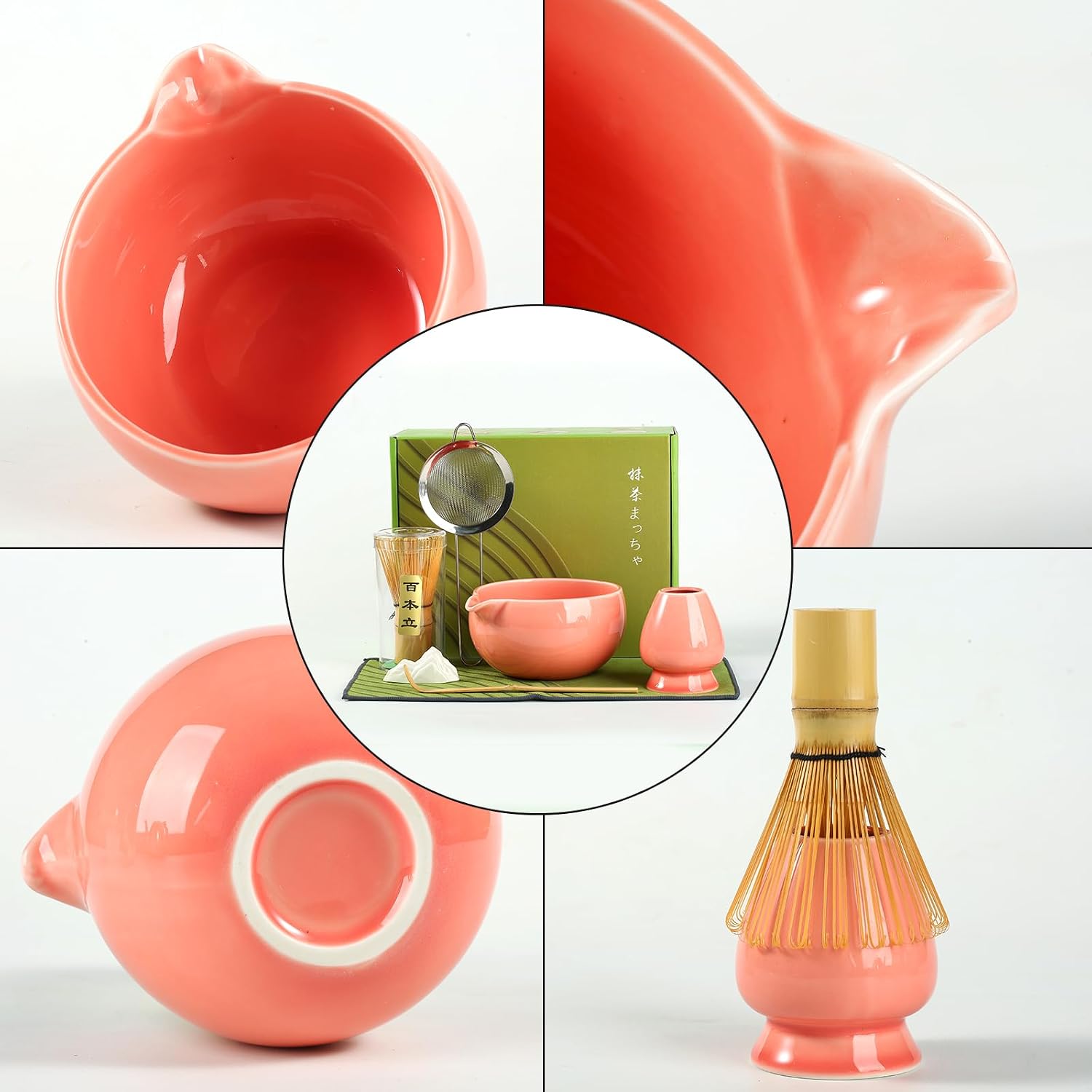 Matcha Whisk Set, Ceramic Matcha Bowl with Spout, Bamboo Whisk, Scoop, Sifter, Holder, Tea Towel, 7-Piece Matcha Kit Set for Making Breakfast/Latte, Round Pink, Large thumbnail