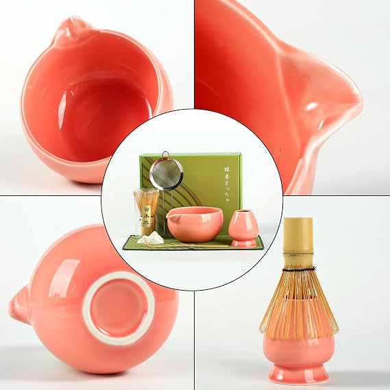 Matcha Whisk Set, Ceramic Matcha Bowl with Spout, Bamboo Whisk, Scoop, Sifter, Holder, Tea Towel, 7-Piece Matcha Kit Set for Making Breakfast/Latte, Round Pink, Large