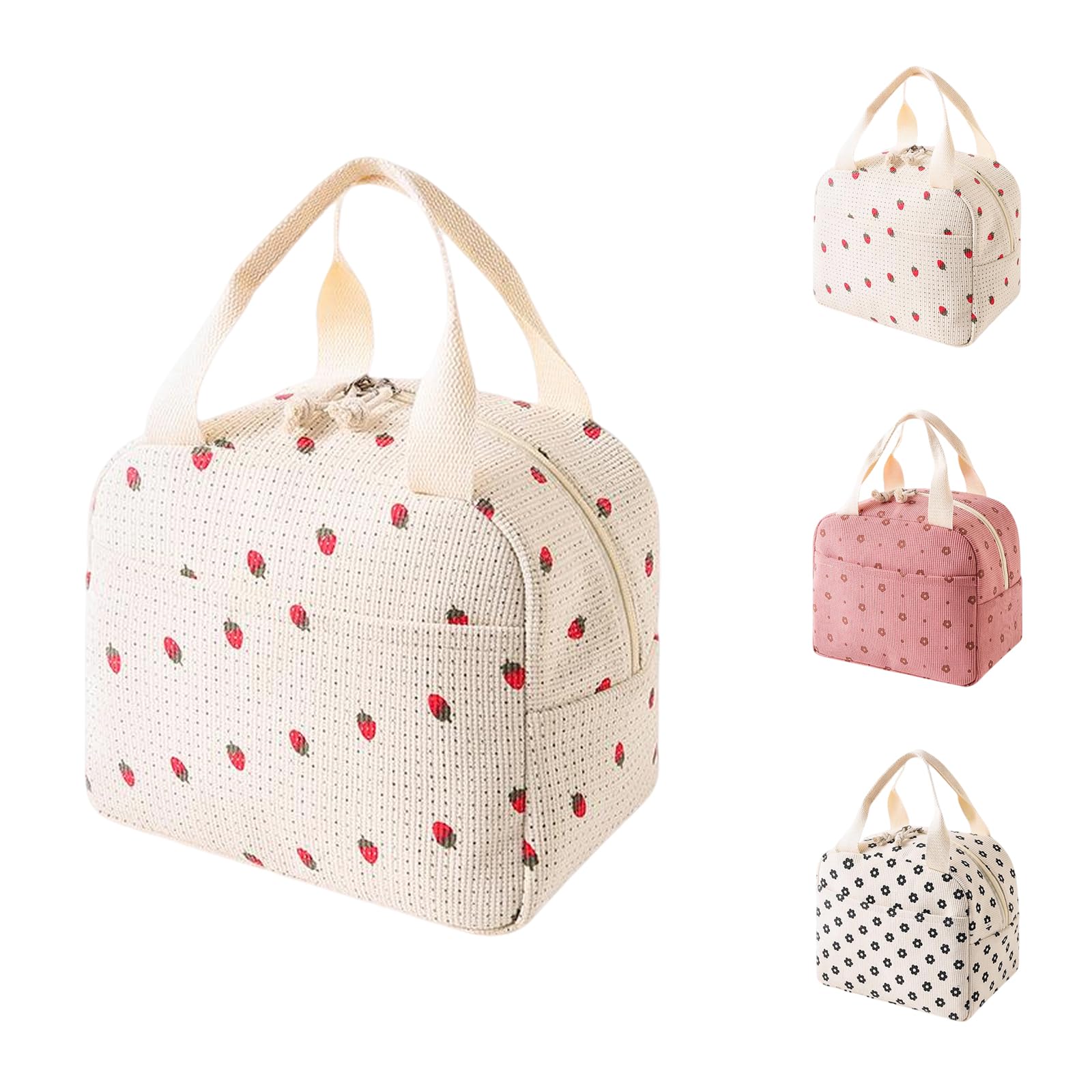 SUOXU Large Capacity Corduroy Insulated Lunch Bag for Adults Kids, Thermal Tote for Work School Picnic, Leak Proof Cooler Bag with Handle, Cute Floral Print Lunch Box (Off-White - Strawberry)