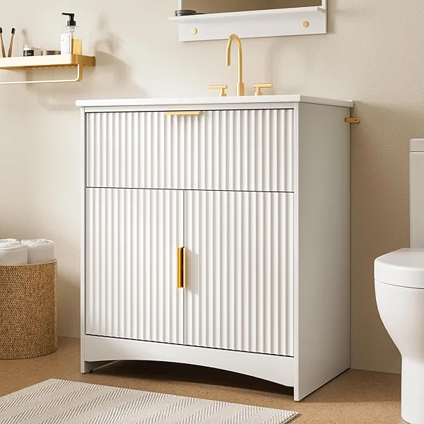 Amada 30″ Bathroom Vanity with Ceramic Sink, Modern Undermount Vanity Sink Cabinet with 2 Doors and 1 Drawer, Fluted Free Standing Bathroom Storage Cabinet with Sink Combo Set, White