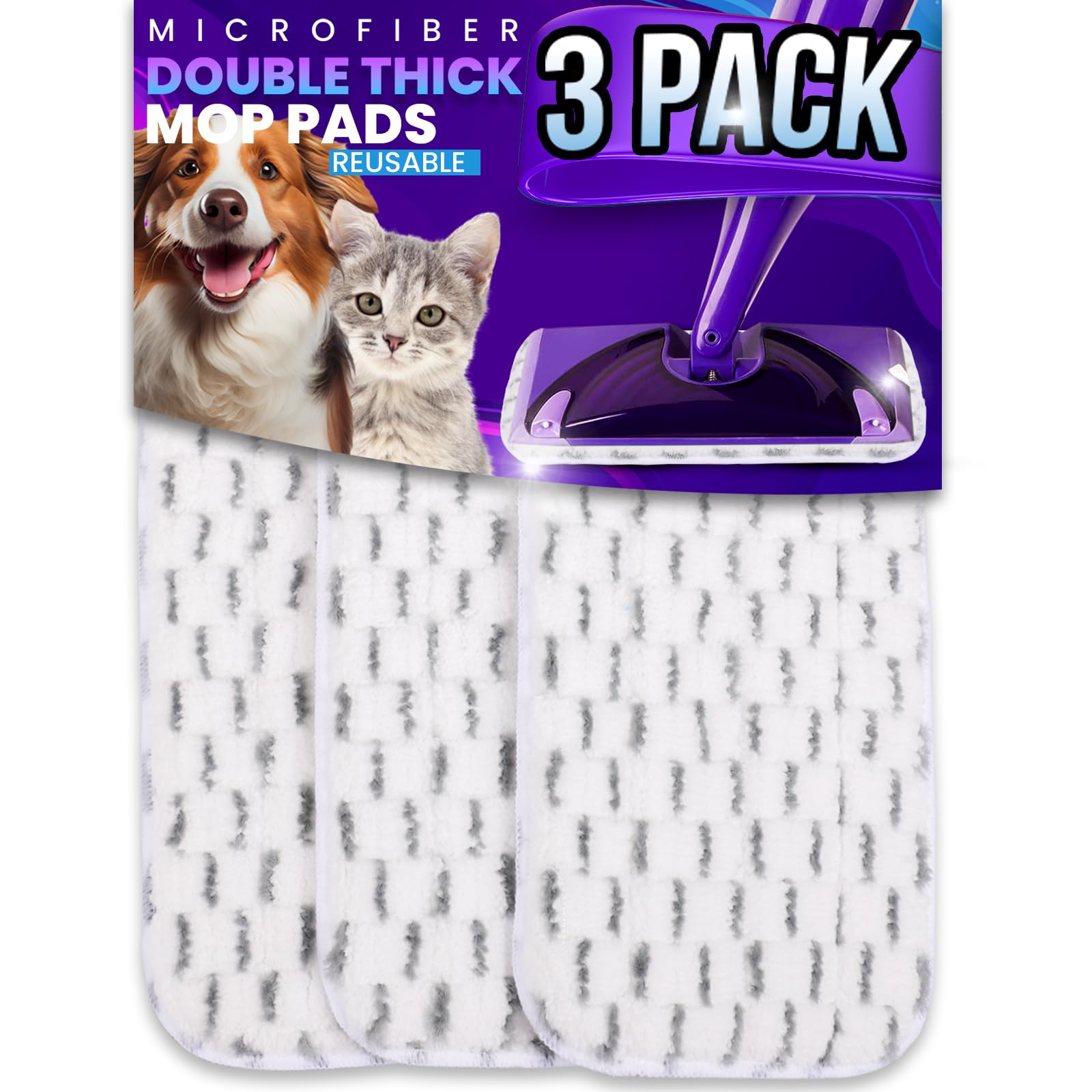 3pcs of Universal 11-inch Velcro Type Reusable Floor Mop Pads Compatible with Wet Jet Refills Machine Washable Thick Microfiber Wet Pads for Hardwood