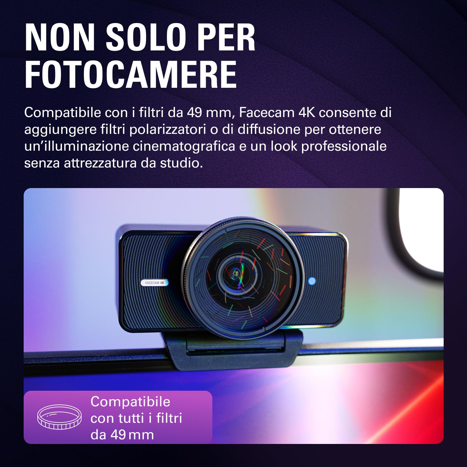 Elgato Facecam 4K - webcam da studio 4K60, controllo in stile DSLR, effetti cinematografici, filtri per obiettivo da 49 mm, video non compresso, area di messa a fuoco ottimizzata | USB-C per PC e Mac