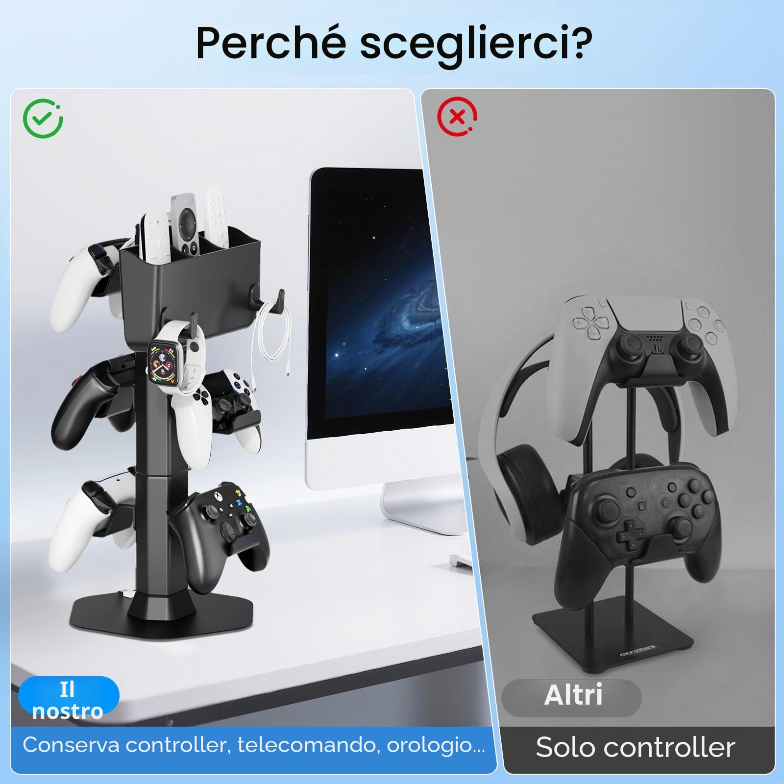 Supporto Controller e Cuffie con Porta Telecomando Condizionatore, Porta Joystick da Scrivania con 2 Ganci (per Orologi/Cavi) Accessori per PS5/PS4/Xbox/Switch, Organizer per Controller e Cuffi