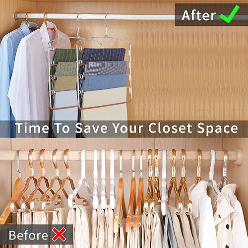 Miniatura 3 de FeeraHozer Perchas antideslizantes para pantalones, paquete de 3 perchas que ahorran espacio, brazo oscilante multicapa, acero inoxidable, ahorrador