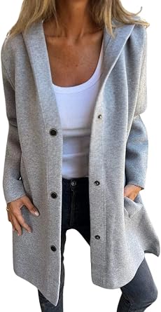 HOTYD Womens Solid Casual Single Breasted Hooded Jacket Button Long Sleeve Trench Coat with Pockets Fashion Fall Winter Coats