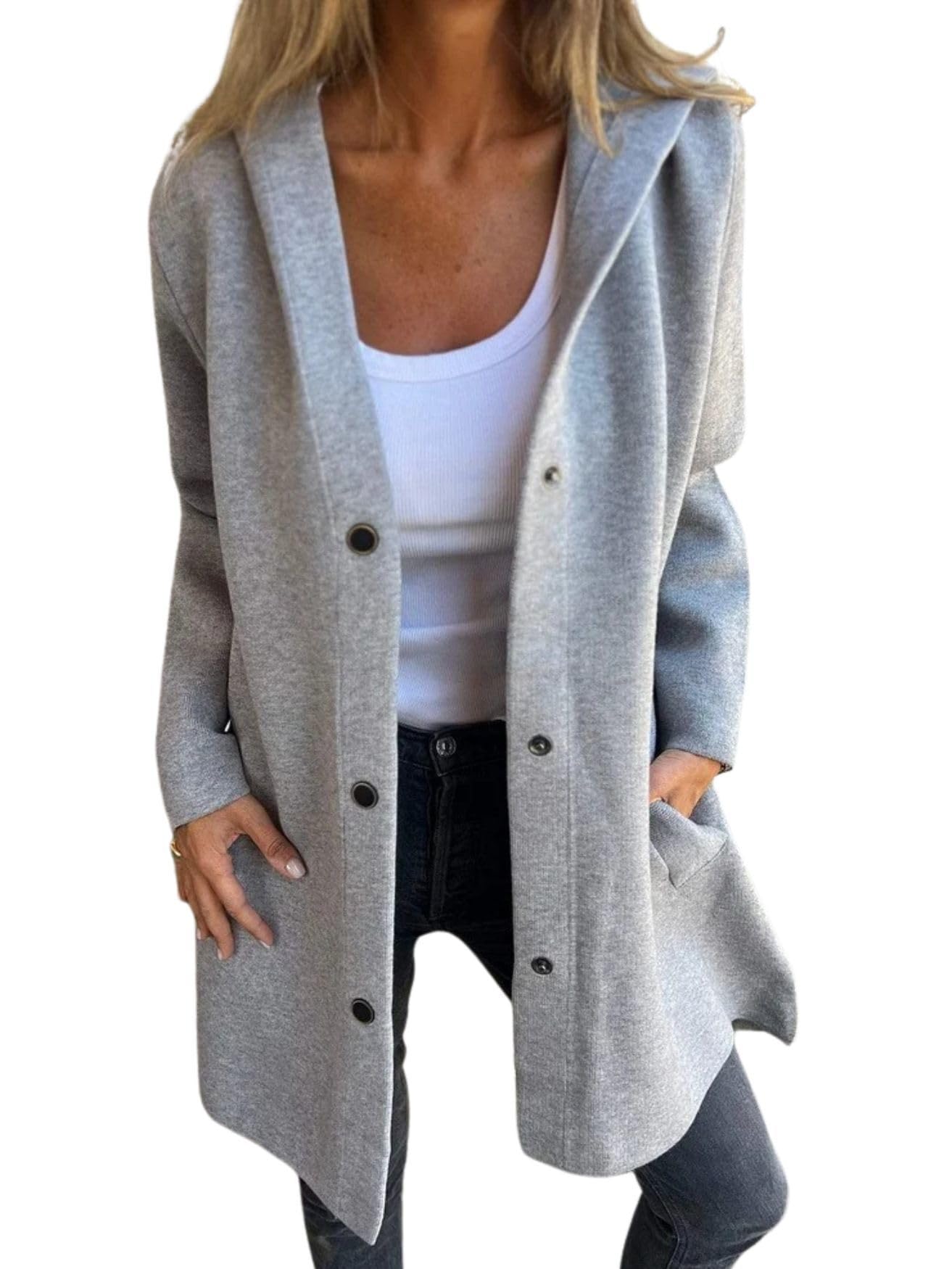 HOTYD Womens Solid Casual Single Breasted Hooded Jacket Button Long Sleeve Trench Coat with Pockets Fashion Fall Winter