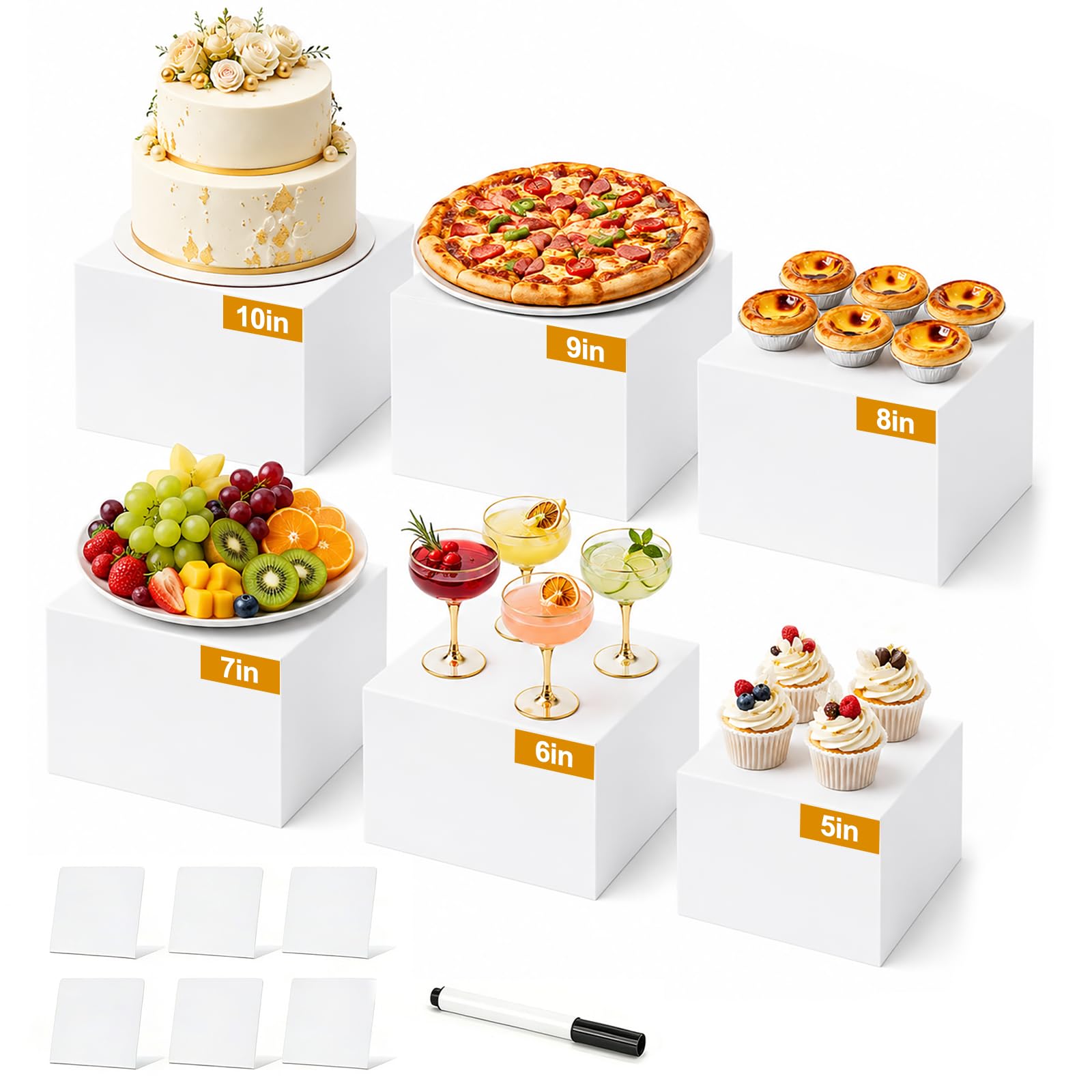 6 Pcs Buffet Risers, 5x6x7x8x9x10 Inch Acrylic Food Risers for Buffet Table, Dessert Stands for Cupcake, Display Stand Set for Party Catering Dessert Collectibles - Cube Boxes with Hollow Bottoms