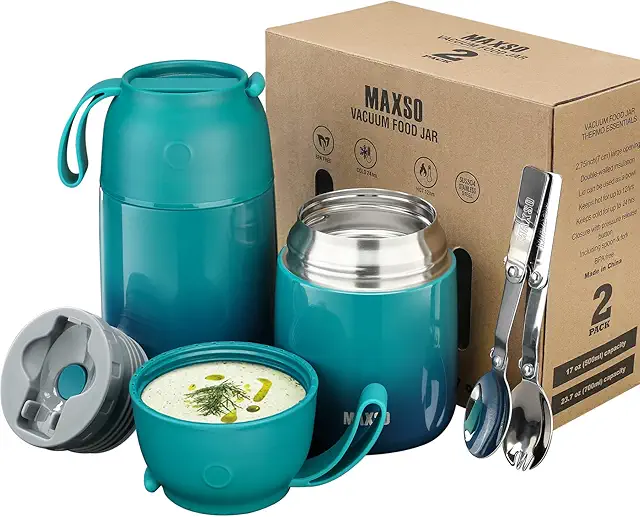 Boîte Isotherme Repas Chaud 500ml+700ml en Acier Inoxydable sans BPA - Bleu Vert