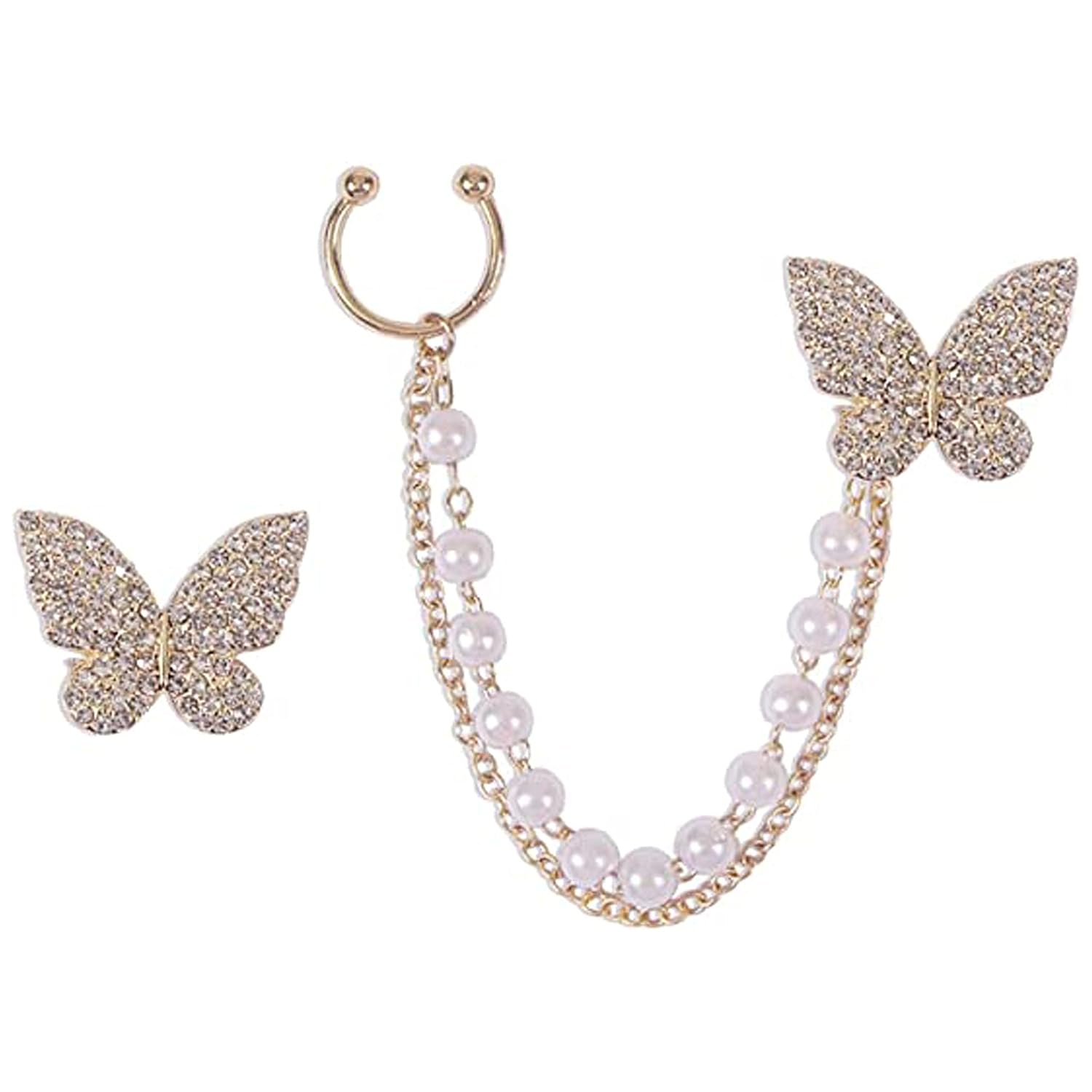 Fashion Frill Earrings For Women Fashion Butterfly Ear Cuff Crawler AD & Pearl Gold Plated Pearl Chain Drop Stud Earrings ... - Review, Price and Buying Guide
