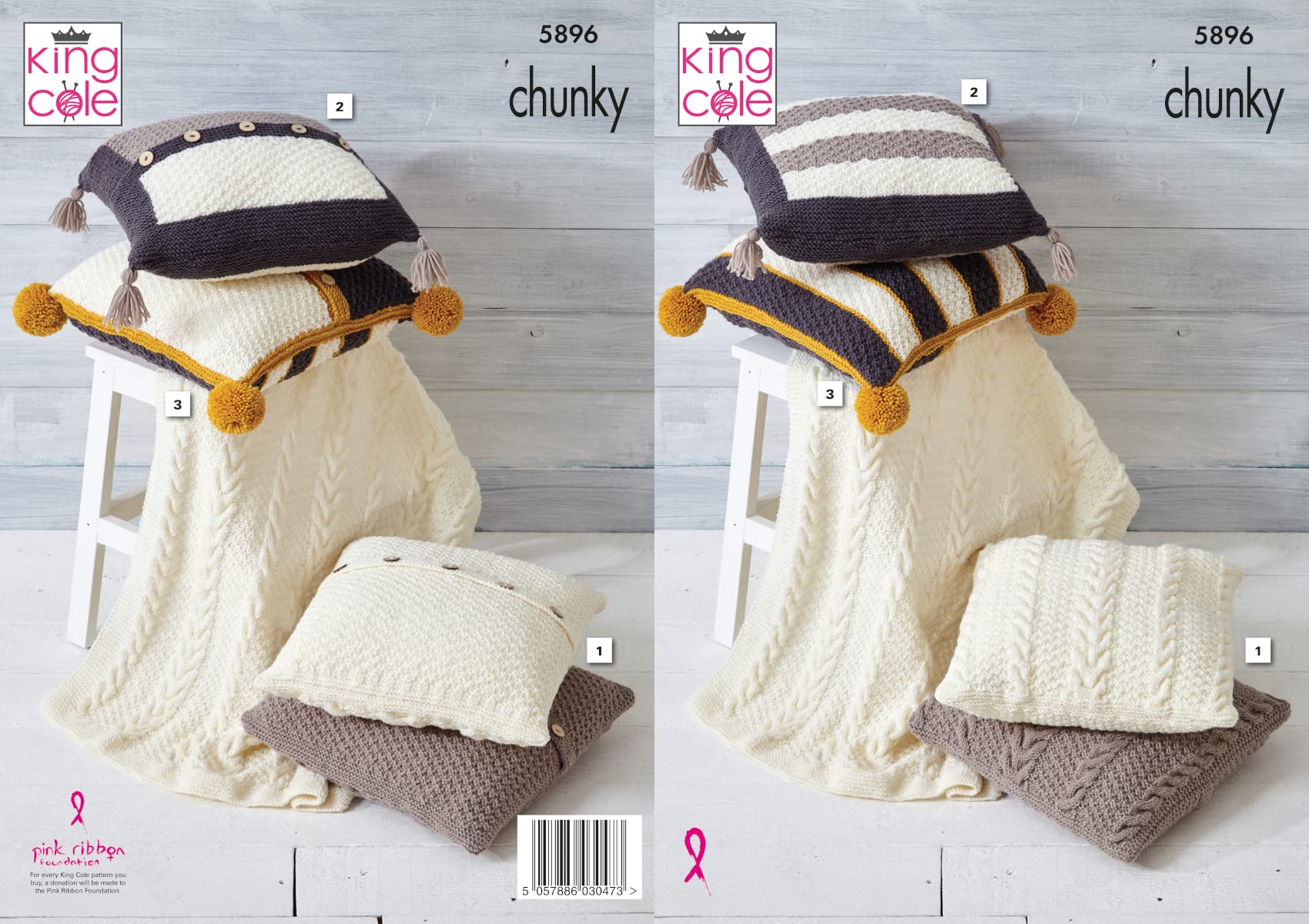 King Cole Chunky Knitting Pattern Cable Knit Throw Blanket & Cushion Covers (5896), Multi