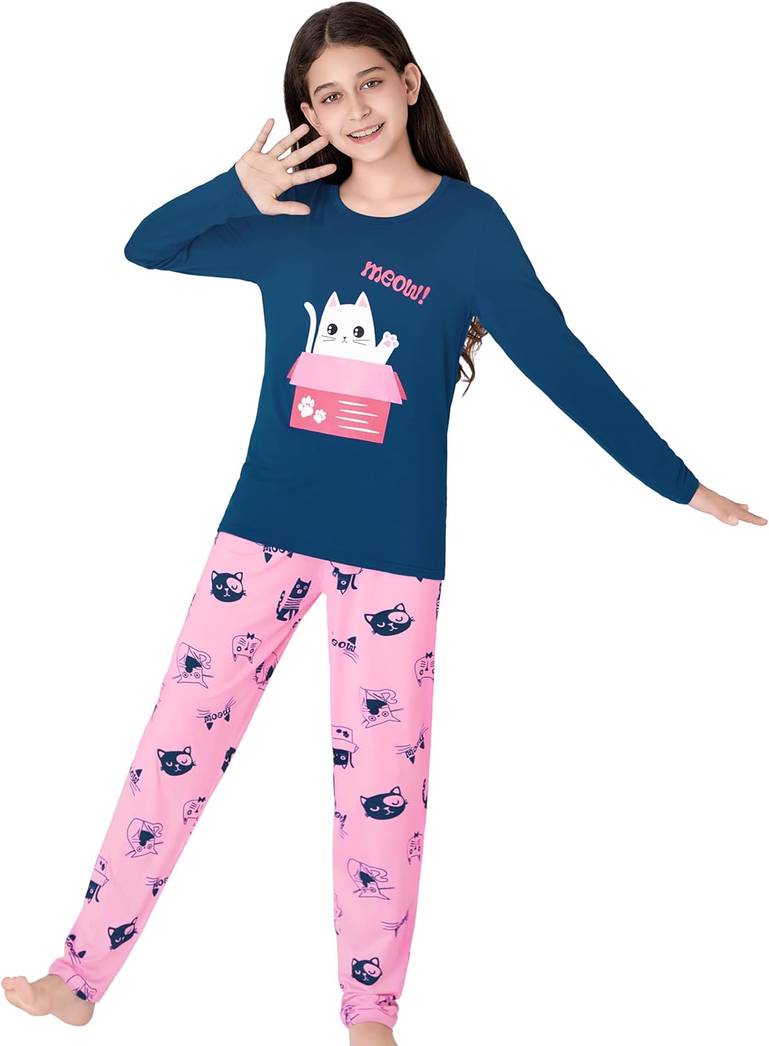 Tebbis Cute Cat Pajamas for Girls Modal Fiber Long Sleeve & Pants Pj Set Tween Size 6-18 - Image 4