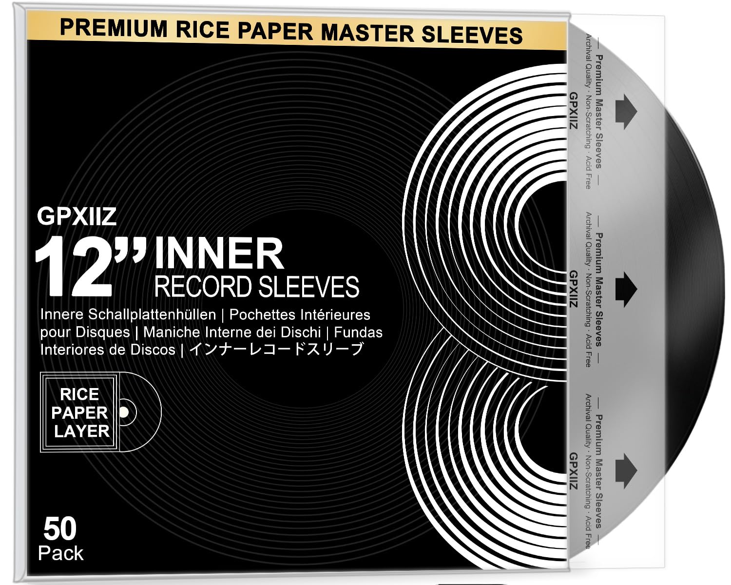Fundas Vinilos Interiores para 12" 33 RPM Vinilos Discos, 50 x Protector Vinilos Discos Antiestaticas Antiarañazos, HDPE + Papel de Arroz, Fundas Discos Interiores 3 Capas para 12 Pulgadas LP | Master - Fundas de vinilo de 3 capas de HDPE+papel de arroz,