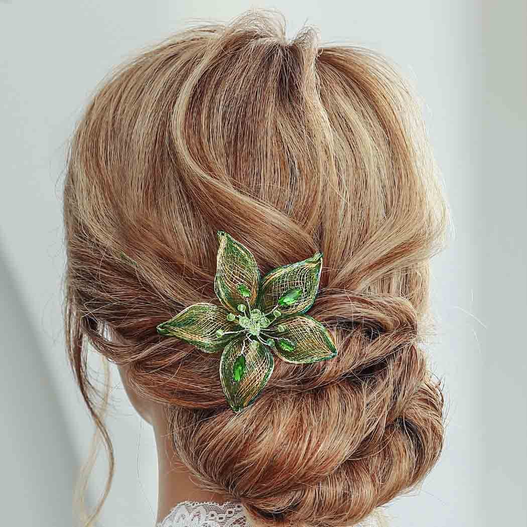 Casdre Flower Bride Wedding Hair Comb Silver Green Rhinestone Bridal Hair Piece Crystal Evening Party Hair Accessories for Women and Girls