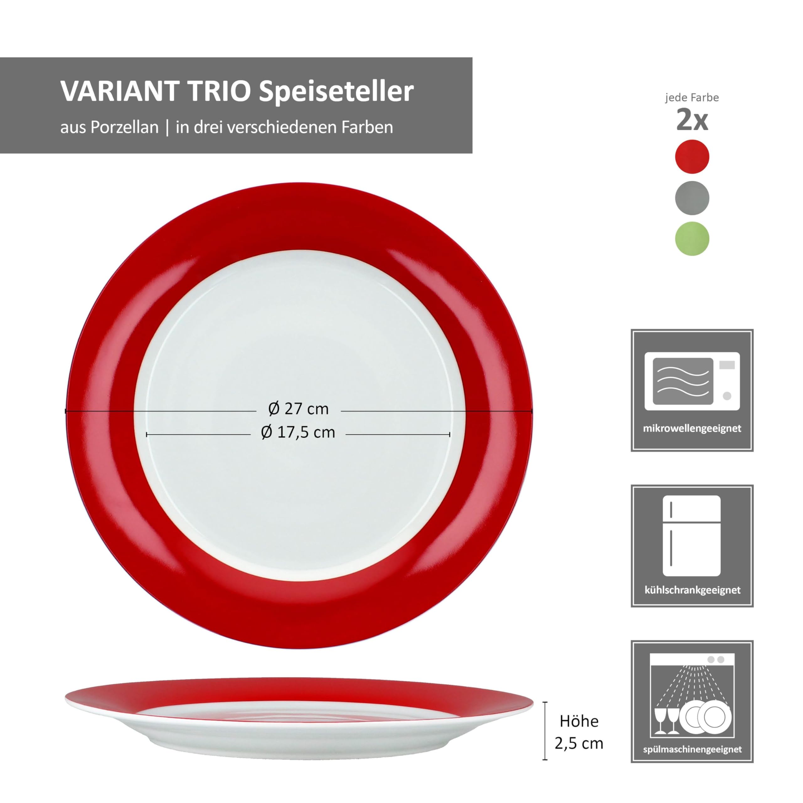 MamboCat Lot de 6 assiettes plates Variant Trio - En porcelaine colorée pour 6 personnes - Vert, rouge et gris - Grandes assiettes pour les repas principaux au petit-déjeuner, au déjeuner, au café et