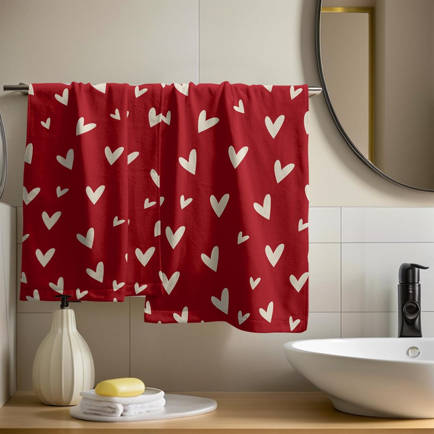 Valentine Hand Towels for Bathroom Set of 2 Red Cream Love Heart Valentine's Day Theme Holiday Print Decorative Handtowels Soft Absorbent Bath Towel for Home Guest Room Hotel Gym Spa - Image 6