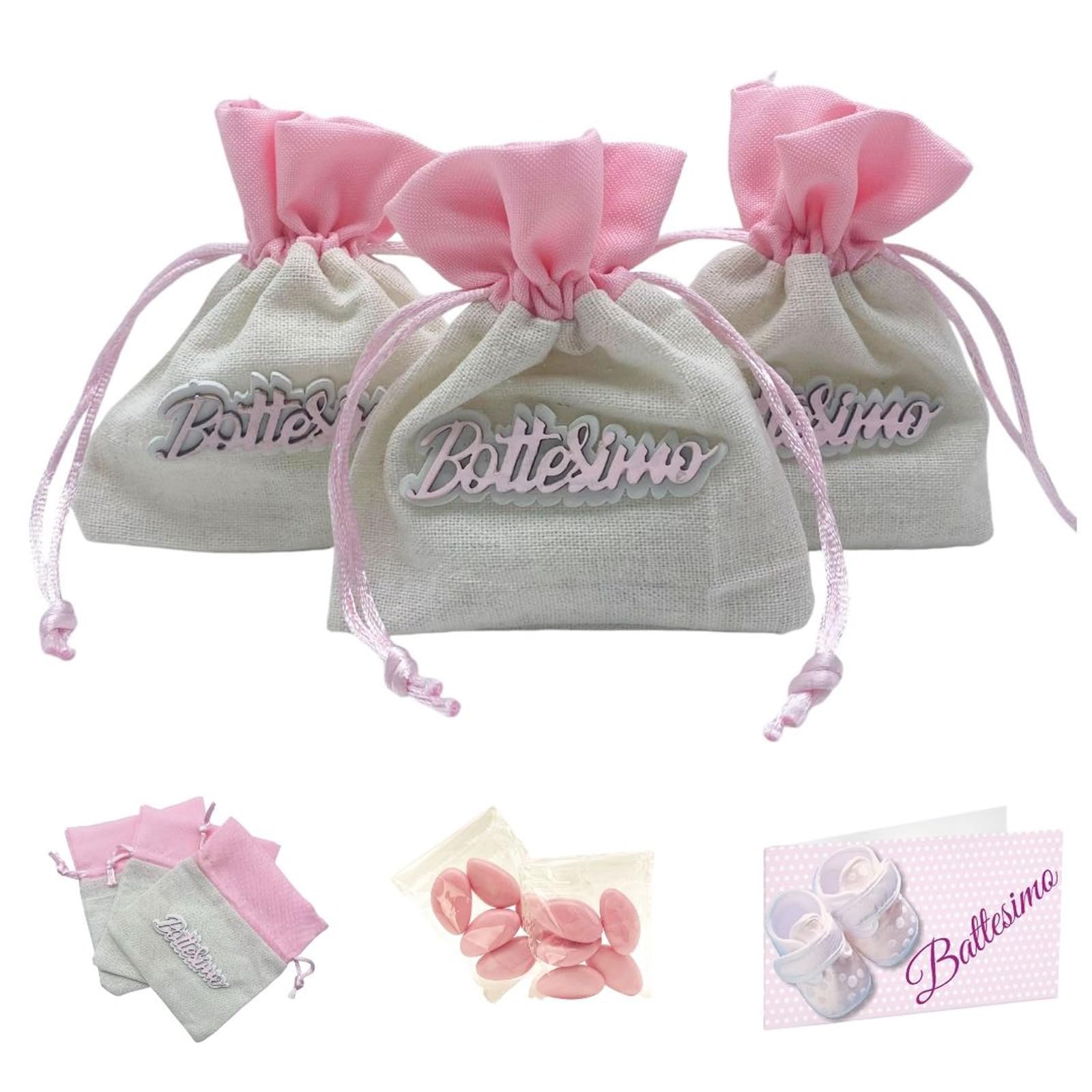 Sachets de dragées Doni Bomboniere en jute et coton rose pour baptême avec cartes | Lot de 12
