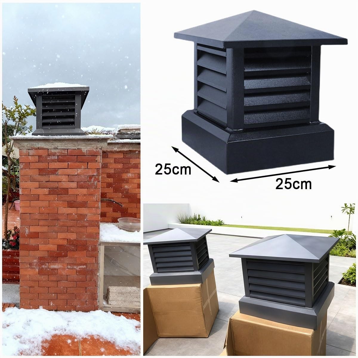 Villa Comignolo Canna Fumaria 25 cm/30 cm/35 cm, Cappello del Camino in Lega Di Alluminio, Copertura per La Pioggia del Tetto, Tappo Quadrata per Condotta Ventilazione(25x25 cm)