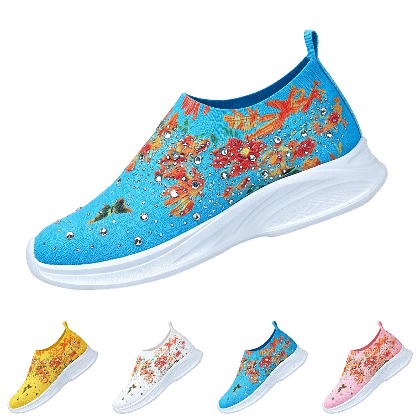 Scarpe da ginnastica da donna glamour con strass floreali senza lacci in maglia scintillante scarpe da ginnastica imbottite per feste e crociere