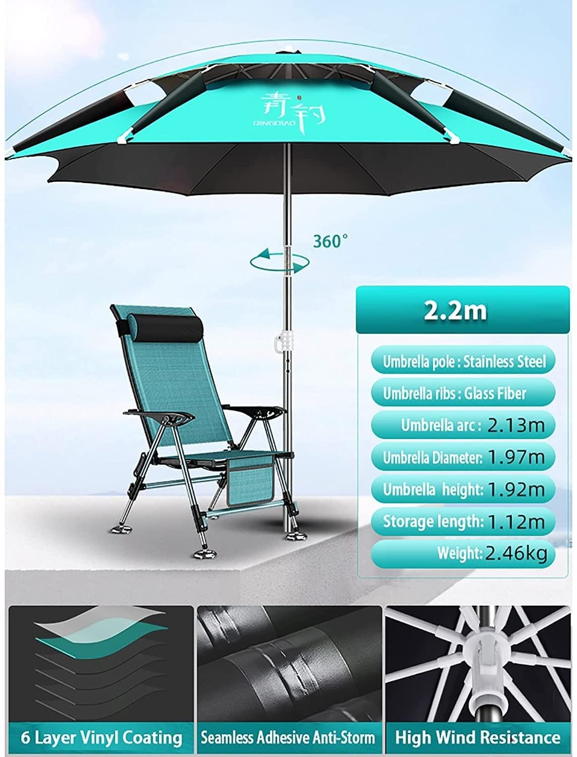 EPANO Parasol wędkarski parasol nierdzewna parasol Parasol Słońca Ochrona przeciwsłoneczna Izolacja przeciwpodobia i wiatrakowy parasol wędkarski z kotwicą piasku, plaża, patio, kemping, wędkarstw (S