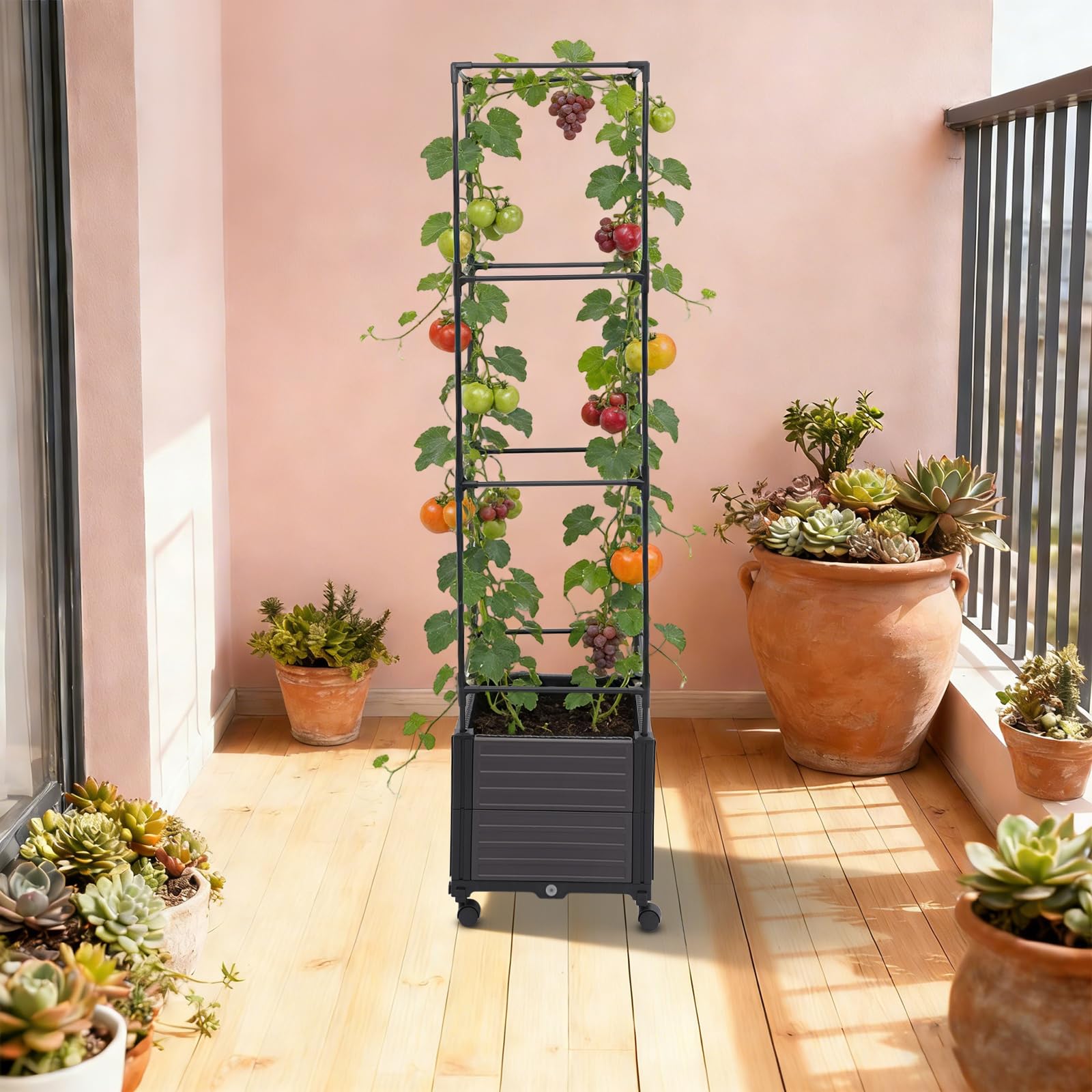 Macetero con soporte para enredaderas, maceta con enrejado 2 en 1, jardinera con ruedas y almacenamiento de riego, jardinera para plantas trepadoras, verduras, flores (dos pisos, techo plano)