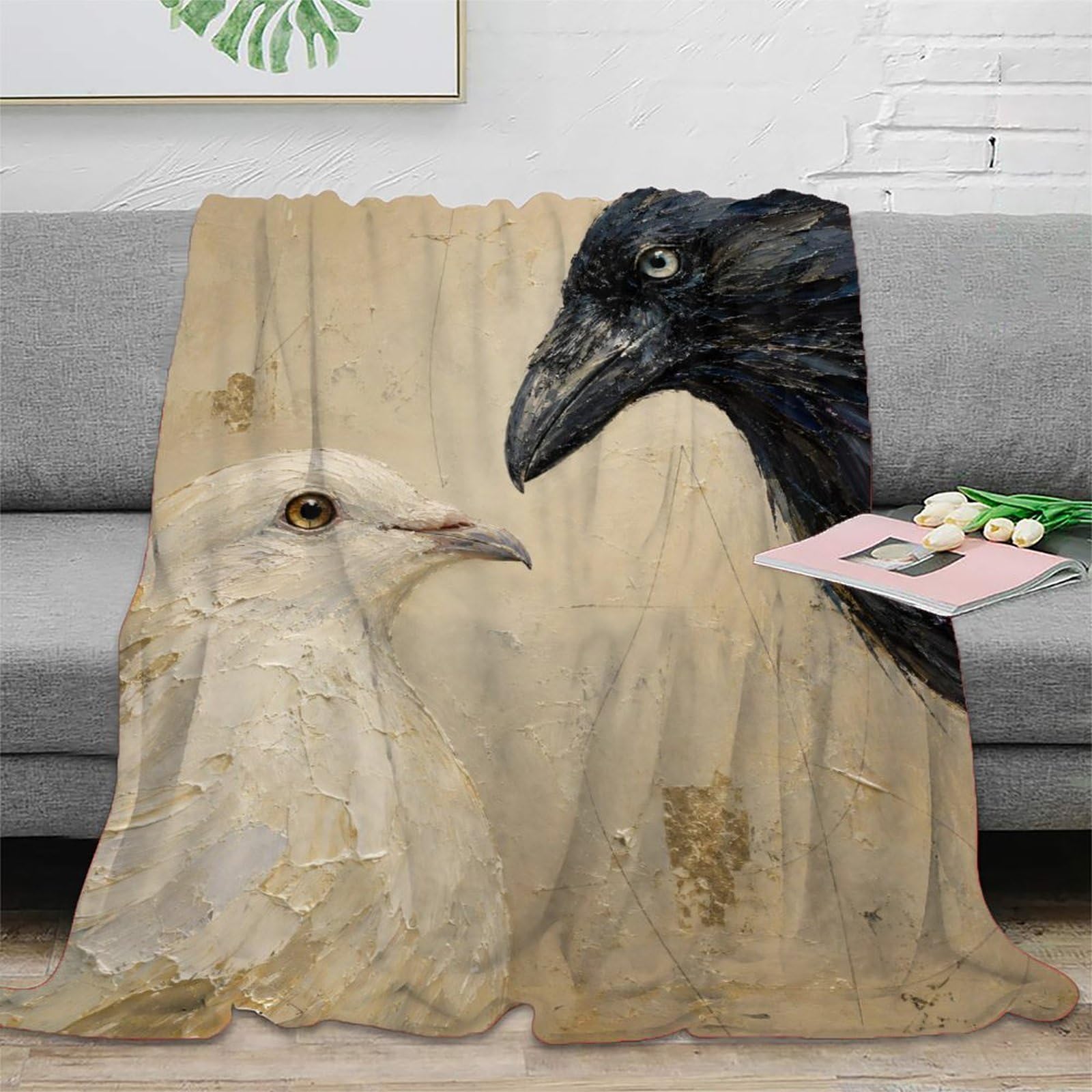 W7C8U2X3 Raven And Dove Blanket, Flannel, Sofa, Colorful Wildlife Motif